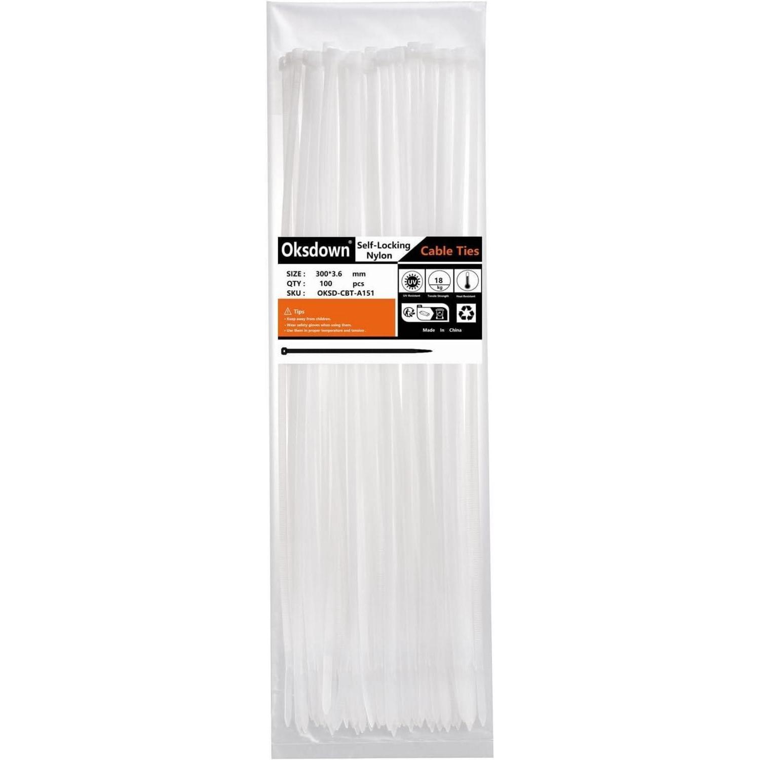 100 Stück Weiße Kabelbinder 300mm Uv-beständig 18kg Zugfestigkeit Nylon 6.6