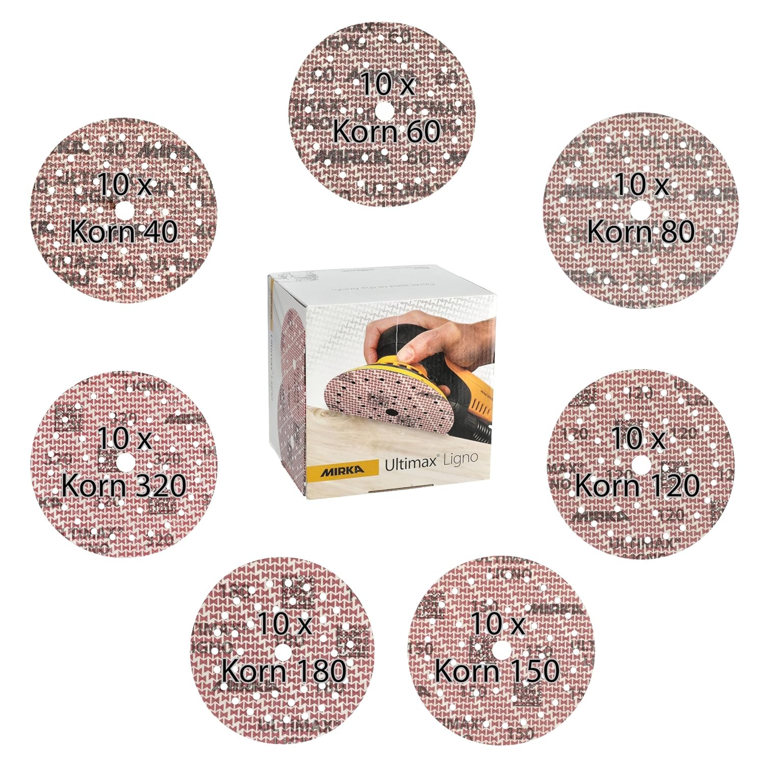 Mirka Ultimax Ligno Klettschleifscheiben Ø 150 Mm, Mix-pack 40/60/80/120/150/180/320, Je 10 Stk, 70 Stk