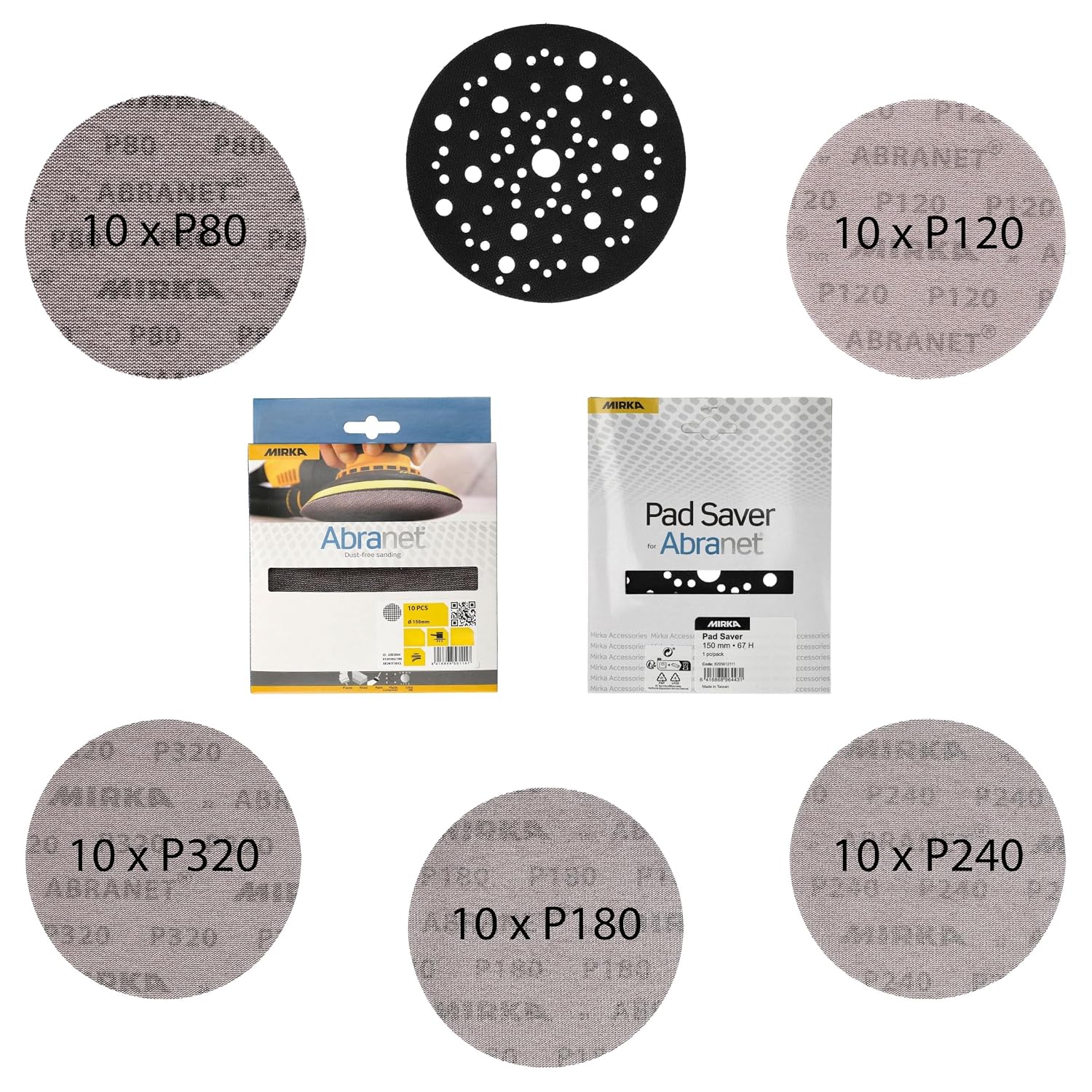 Mirka Abranet Netzschleifscheiben Ø 150 Mm Klett, Mix-pack 80/120/180/240/320, Je 10 Stk, 51 Stk Inkl. Pad Saver, Für 150 Mm Exzenterschleifer