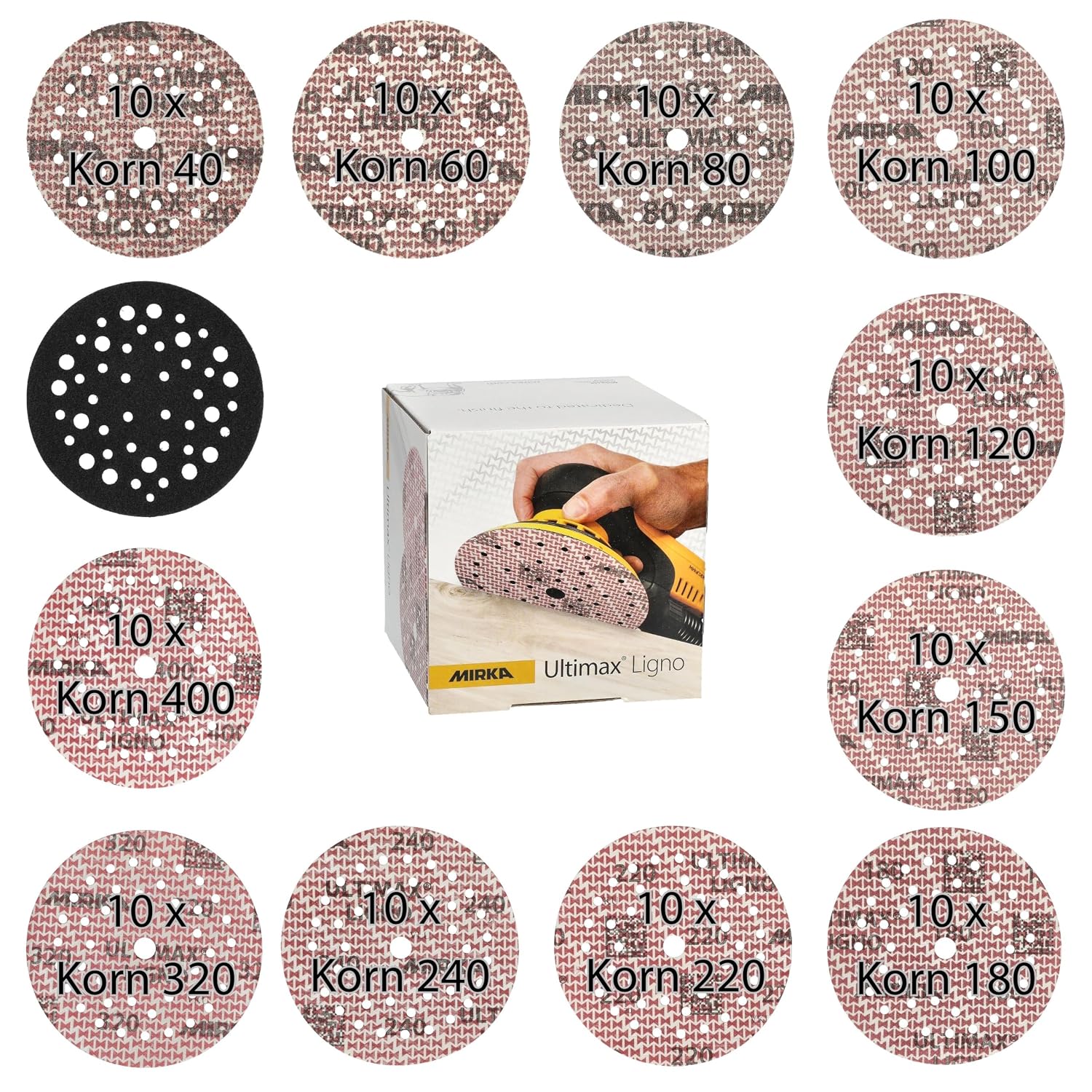 Mirka Ultimax Ligno Klettschleifscheiben Ø 125 Mm, Mix-pack 40/60/80/120/150/180/240/320/400, 91 Stk Inkl. Pad Saver