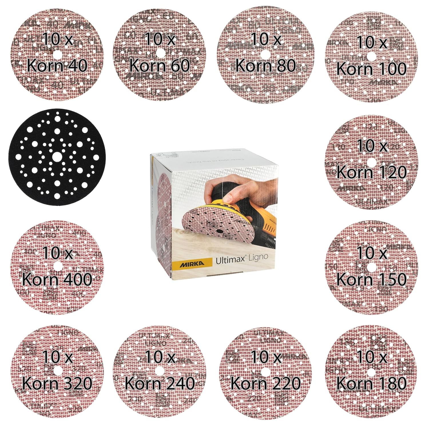 Mirka Ultimax Ligno Klettschleifscheiben Ø 150 Mm, Mix-pack 40/60/80/120/150/180/240/320/400, 91 Stk Inkl. Pad Saver