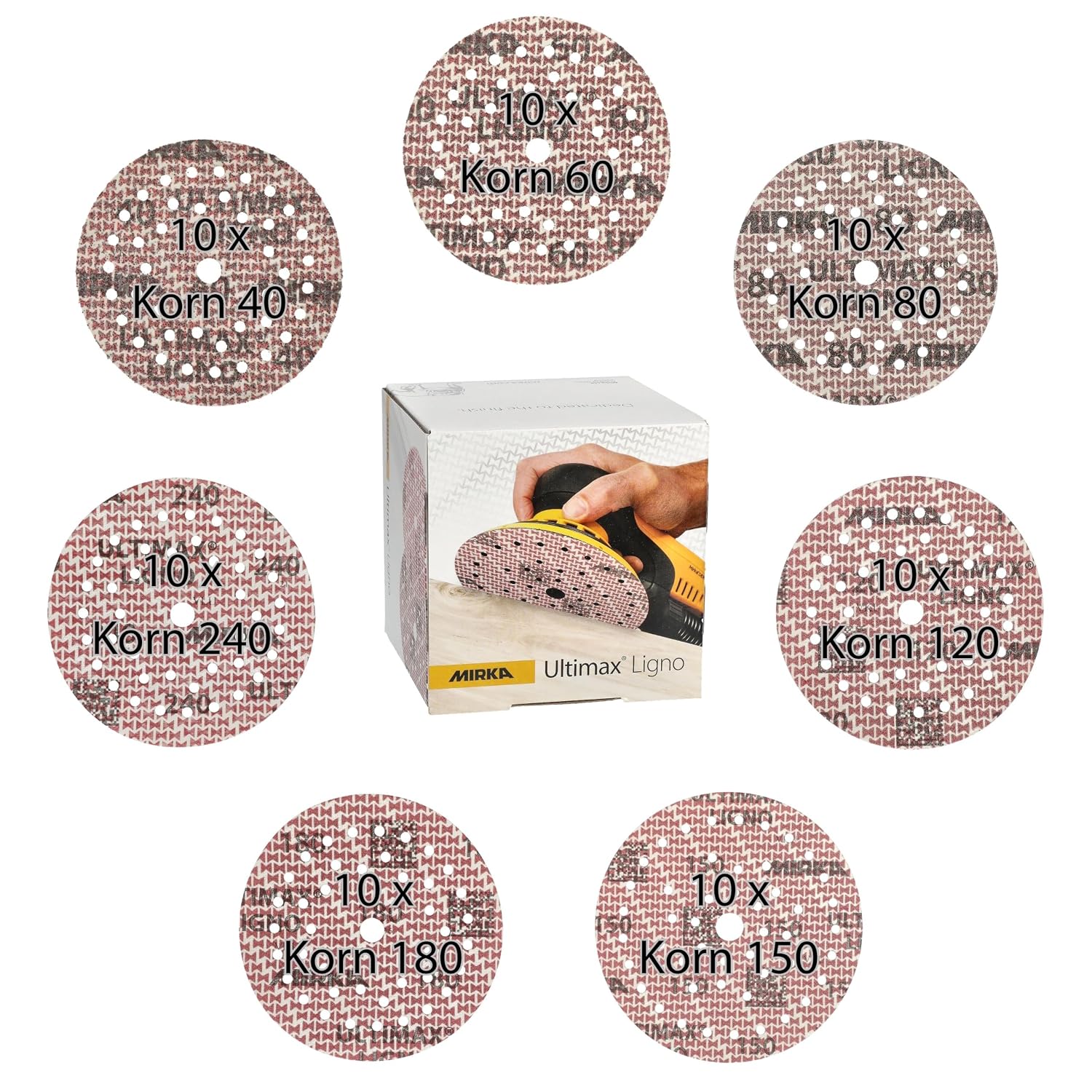 Mirka Ultimax Ligno Klettschleifscheiben Ø 125 Mm, Mix-pack 40/60/80/120/150/180/240, Je 10 Stk, 70 Stk