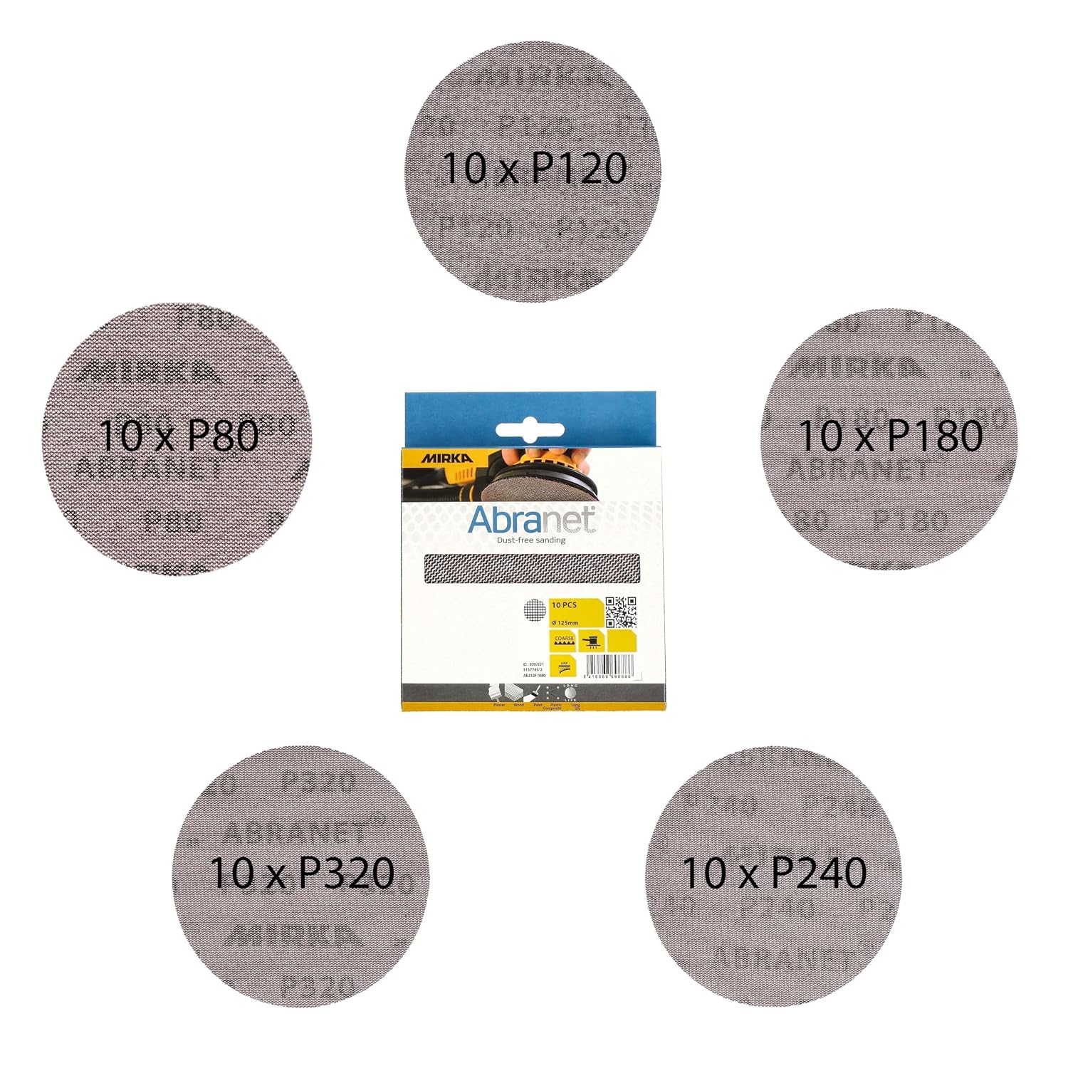 Mirka Abranet Netzschleifscheiben Ø 125 Mm Klett, Mix-pack 80/120/180/240/320, Je 10 Stk, 50 Stk, Für 125 Mm Exzenterschleifer