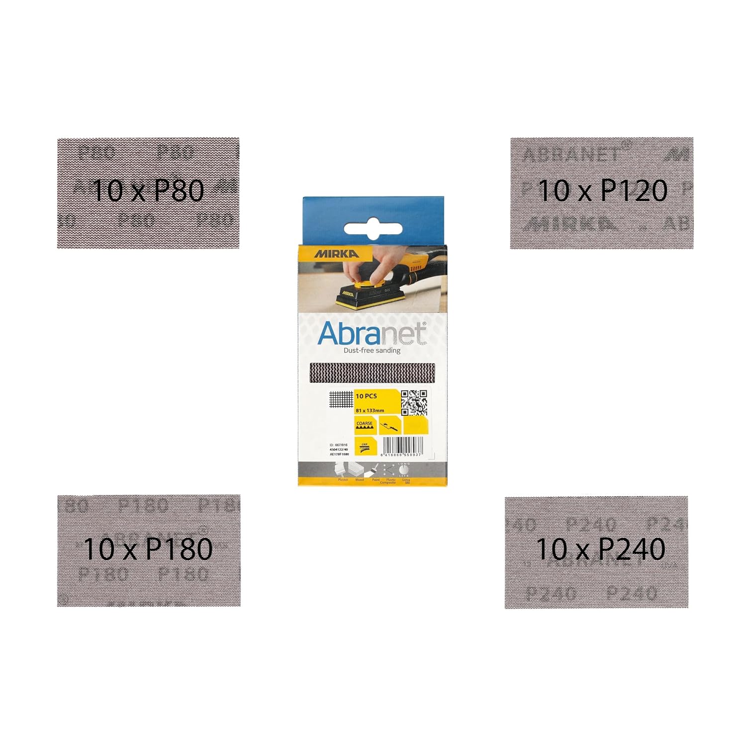 Mirka Abranet Schleifstreifen 81 × 133 Mm Klett, Mix-pack 80/120/180/240, Je 10 Stk, 40 Stk, Für Schwingschleifer