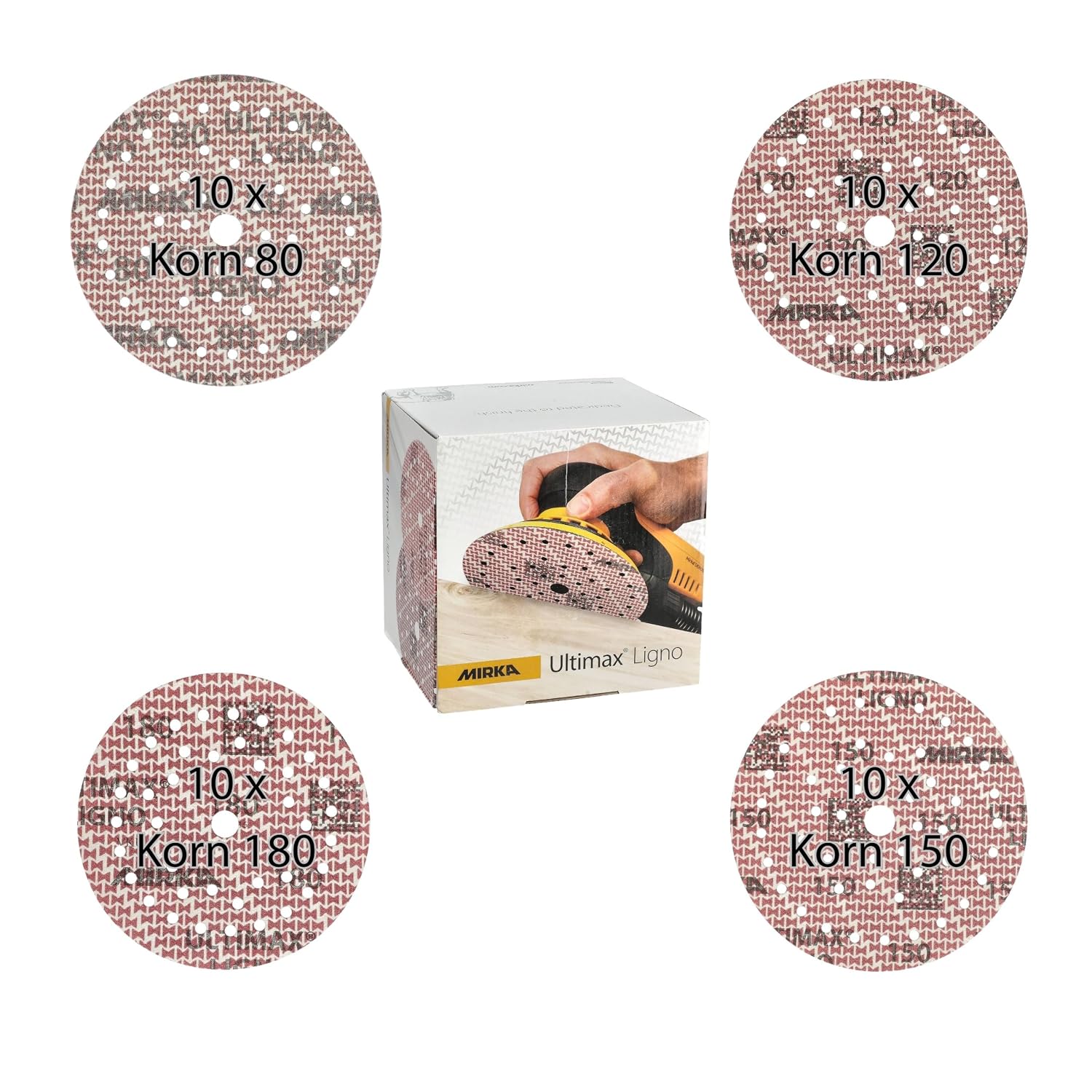 Mirka Ultimax Ligno Klettschleifscheiben Ø 150 Mm, Mix-pack 80/120/150/180, Je 10 Stk, 40 Stk, Für Exzenterschleifer