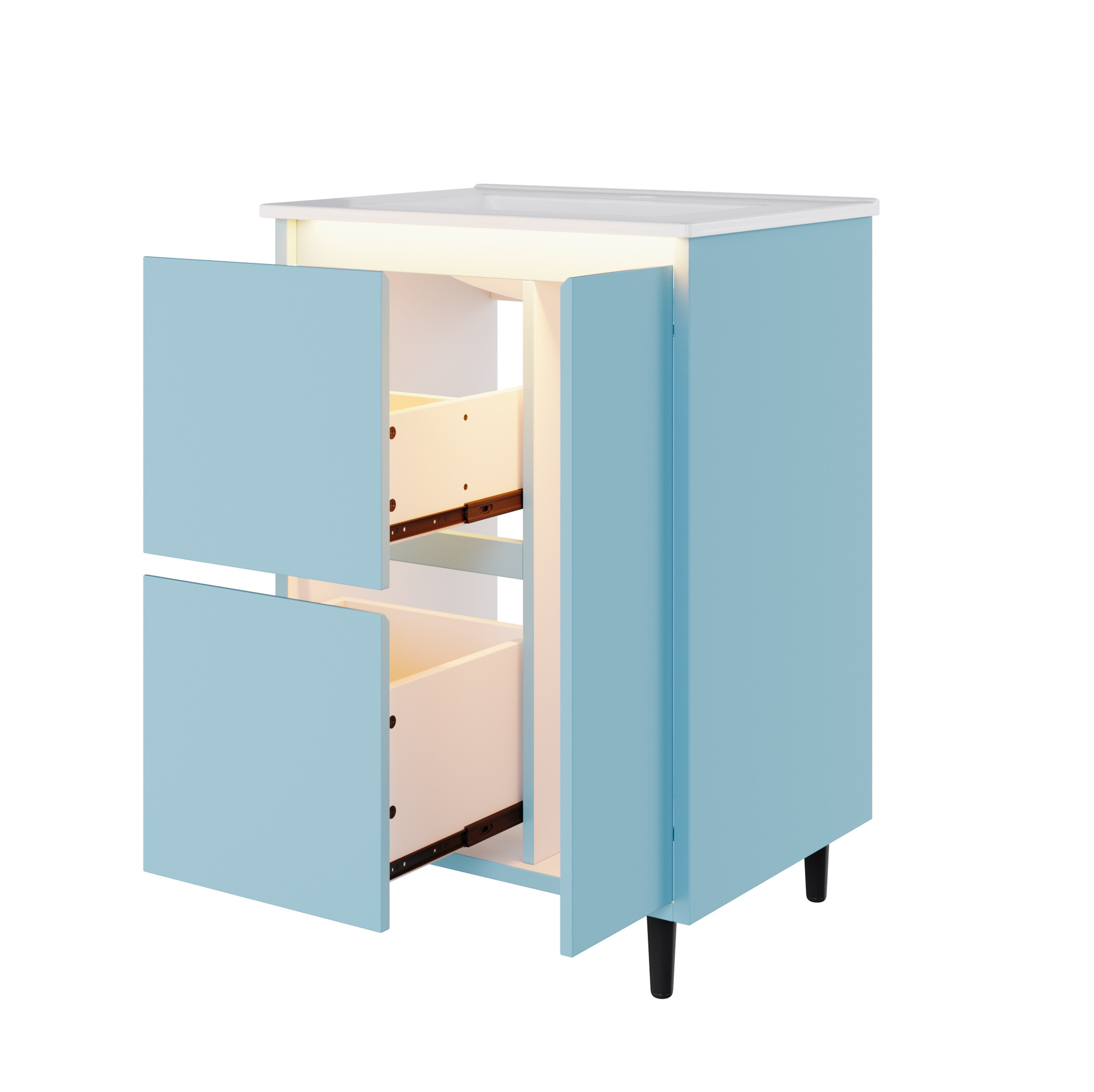 Freistehender Badschrank 61 X 46,5 X 87 Cm Blau Mit Keramikwaschbecken, 2 Schubladen