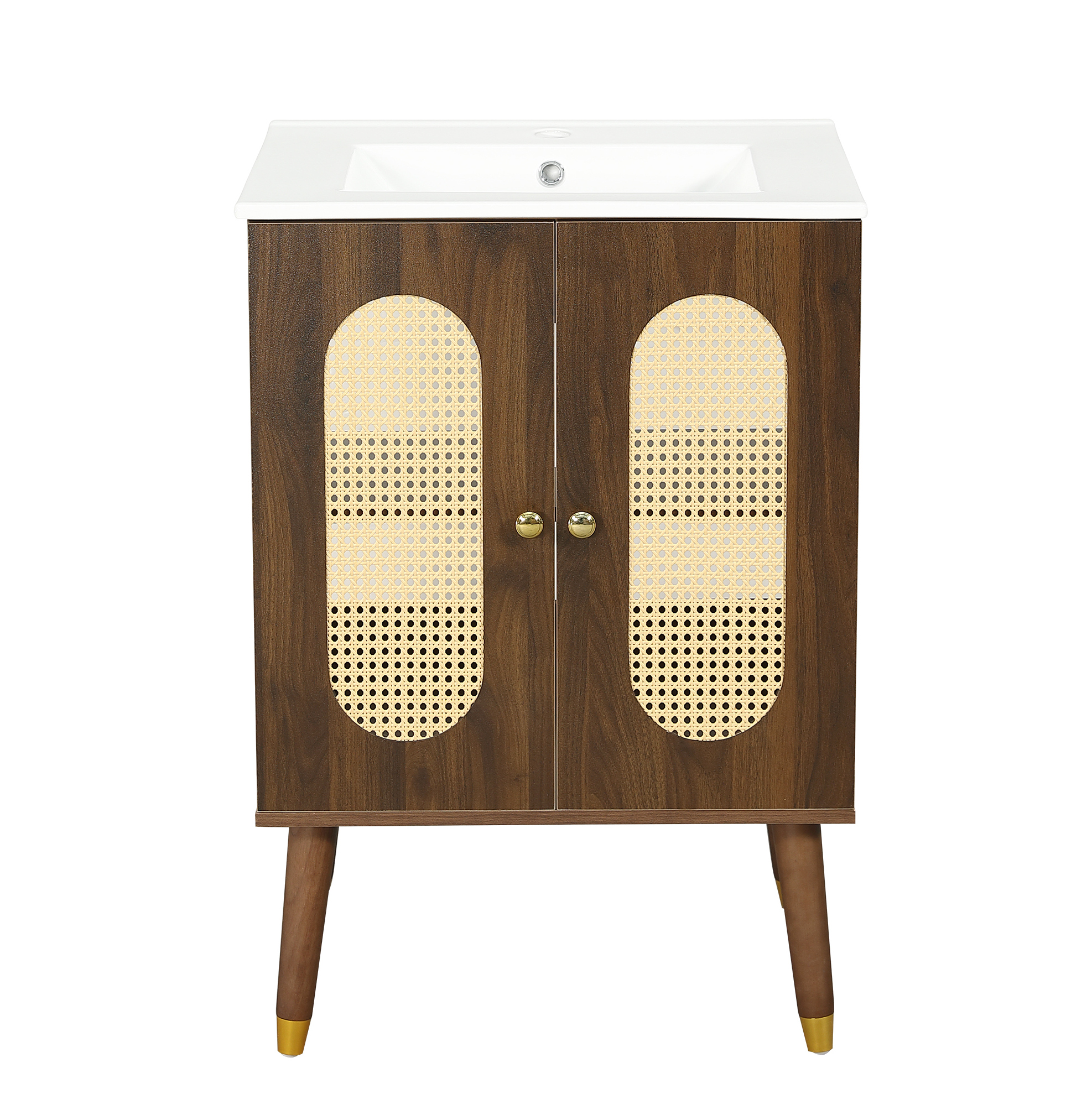 61 Cm Waschbeckenunterschrank Aus Mdf In Walnussoptik Mit Keramikwaschbecken Und Rattan-türen