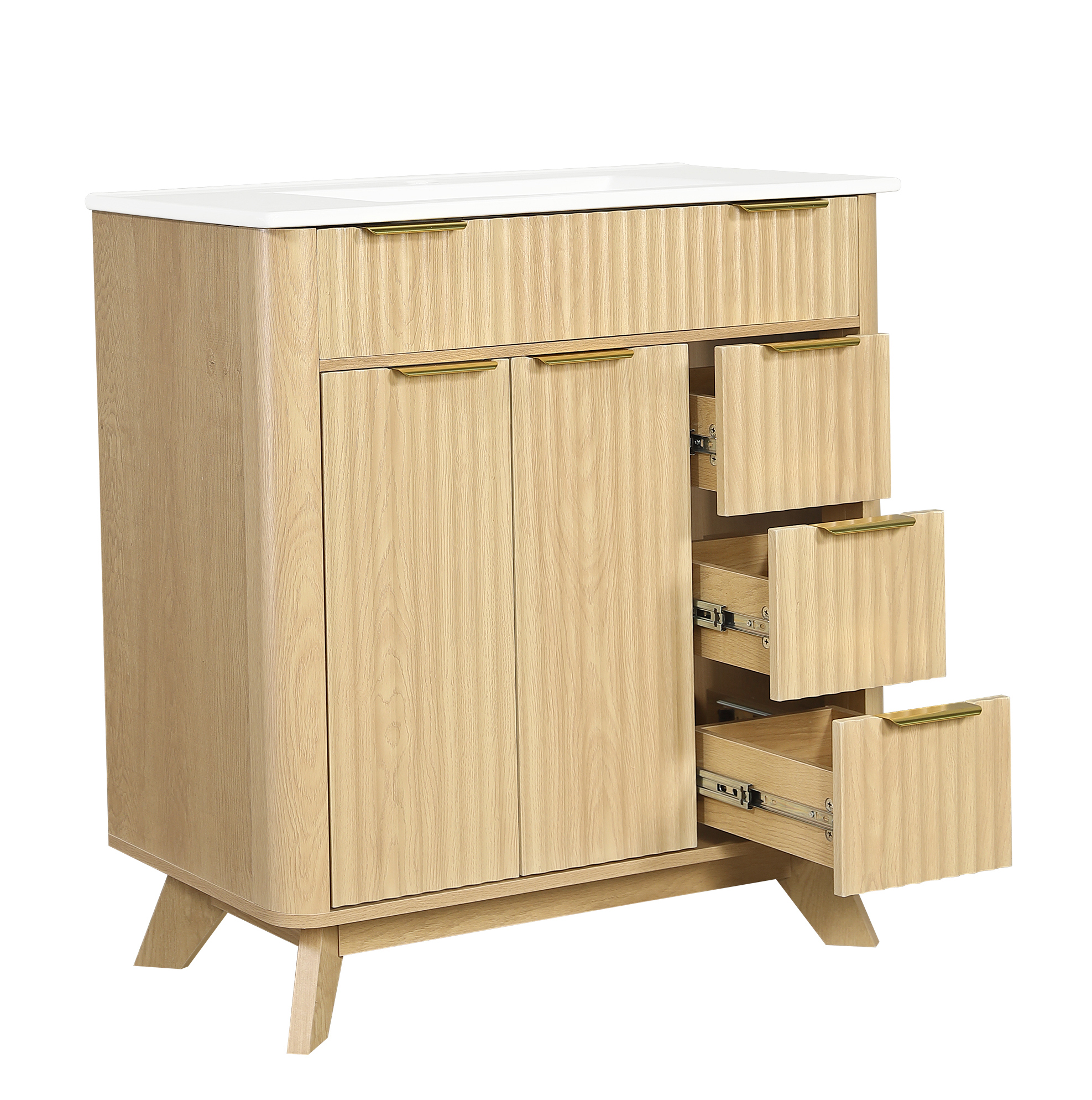 Freistehender Badschrank 81 Cm Mit Keramikwaschbecken, 3 Schubladen Und Doppeltür