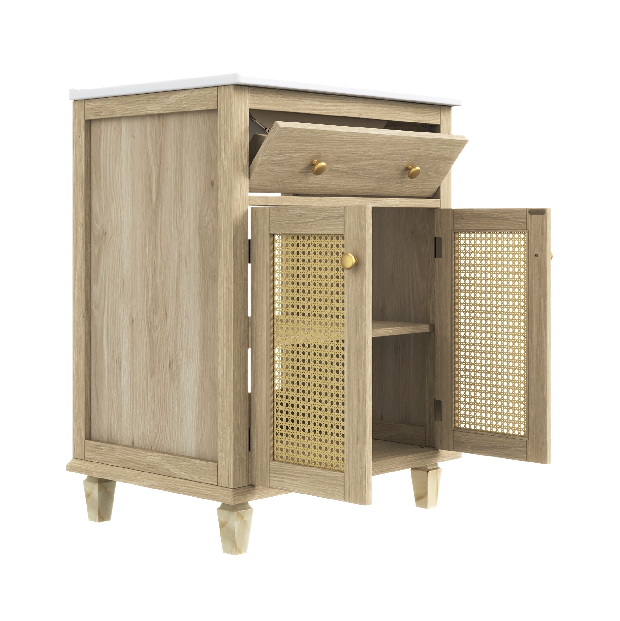 61 Cm Badmöbel Mit Keramikwaschbecken, Klappschublade Und Rattan-türen