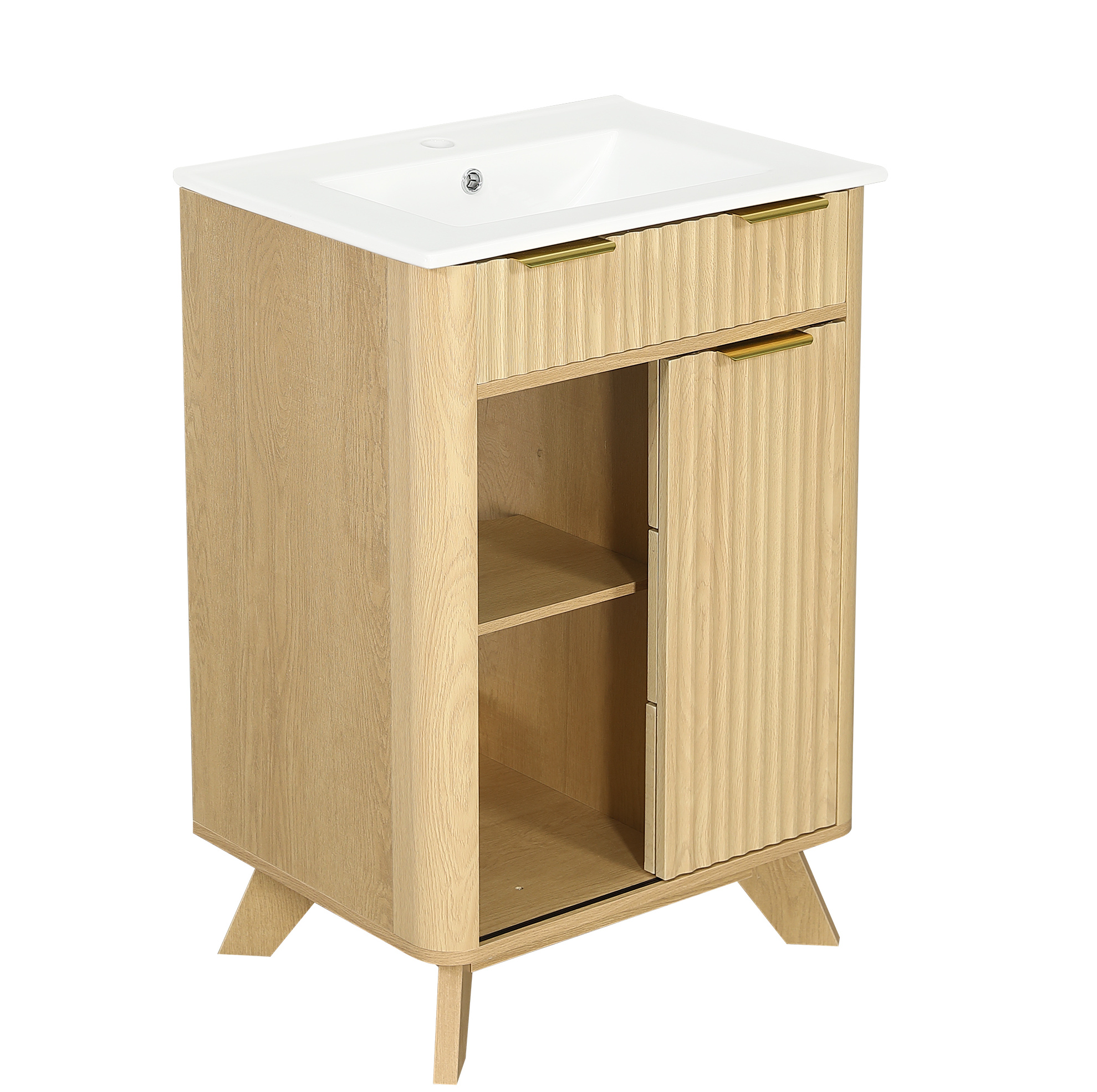 61 Cm Badmöbel Mit Keramikwaschbecken, 3 Schubladen, Schiebetür Und Naturholzoptik