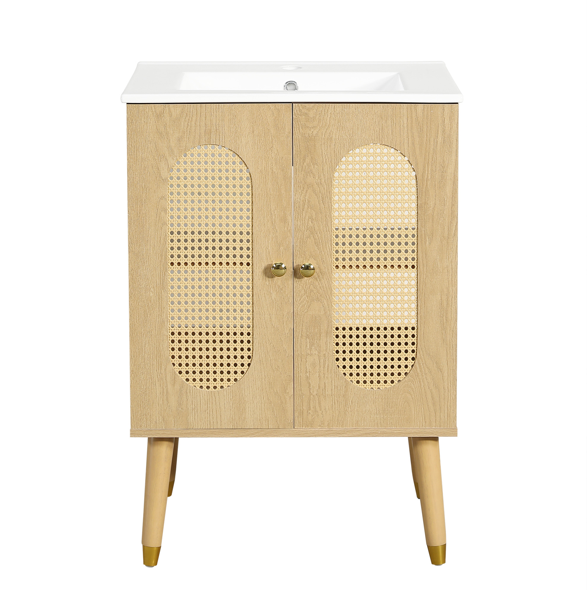 61 Cm Badmöbel Aus Mdf In Natürlicher Holzoptik Mit Keramikwaschbecken Und Rattan-türen