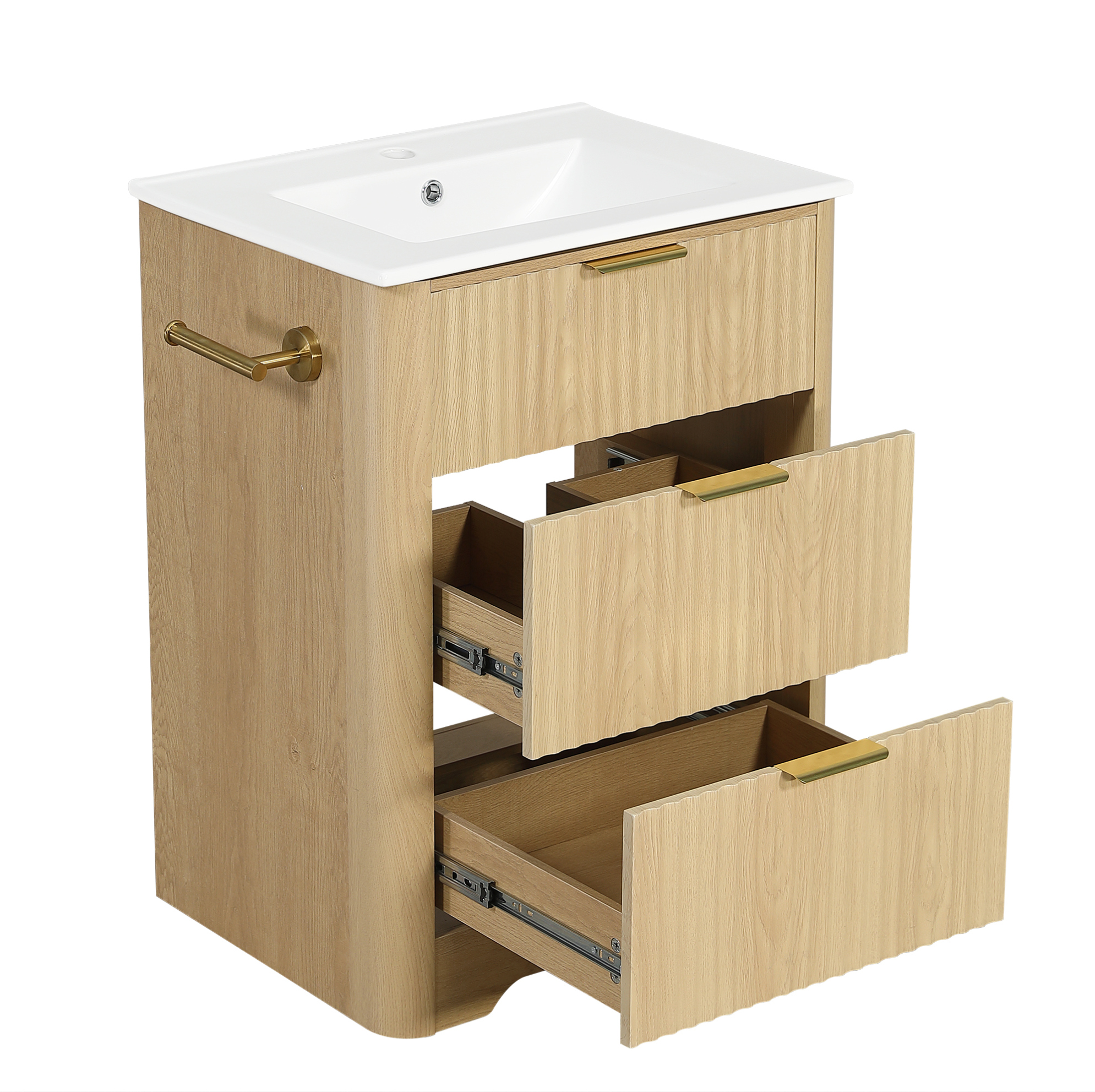 Freistehender Badschrank 61 Cm Aus Naturholz Mit Keramikwaschbecken Und 2 Schubladen