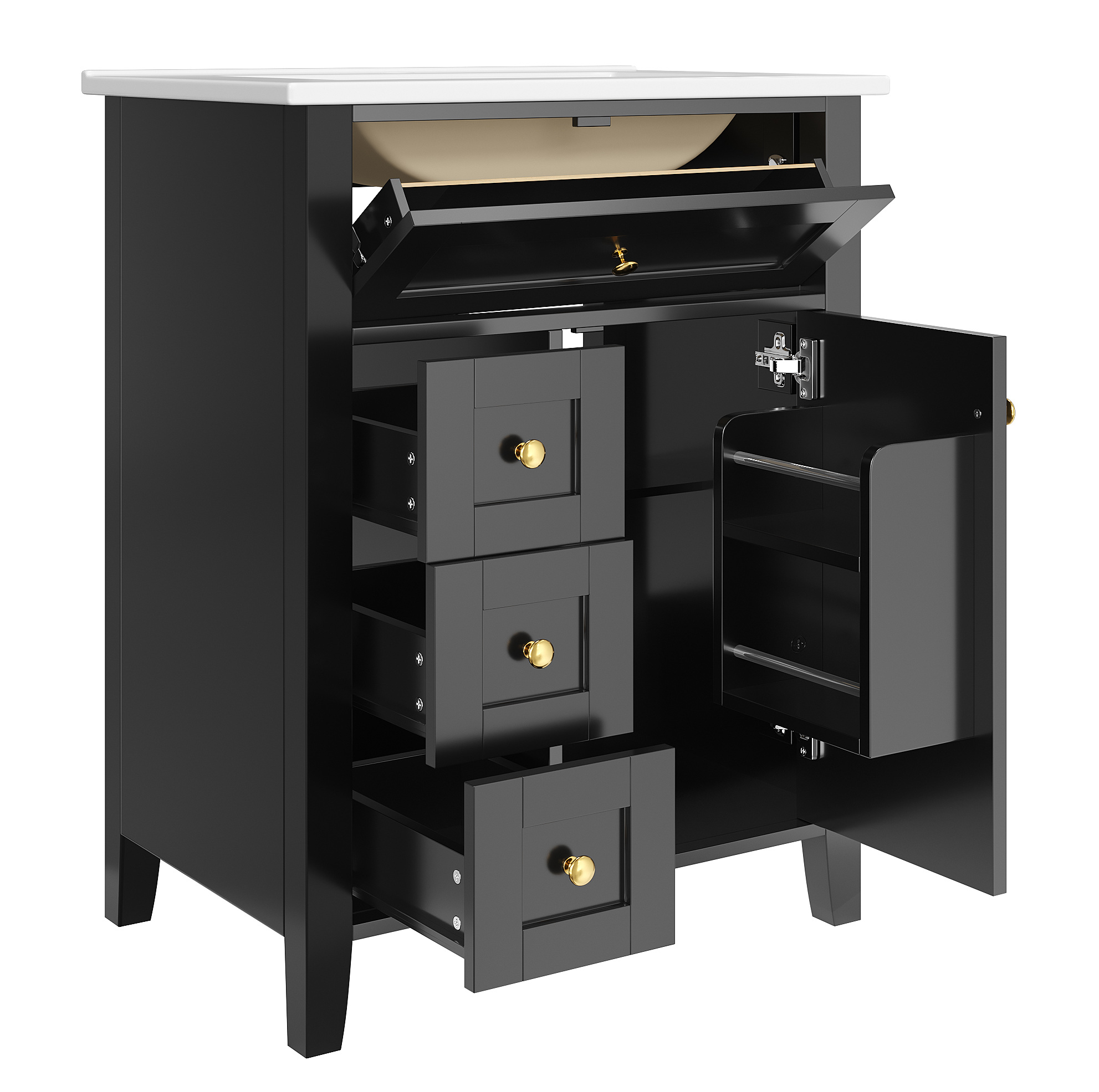 Freistehender Badunterschrank 61 Cm Schwarz Glänzend Mit Keramikwaschbecken Und 4 Schubladen
