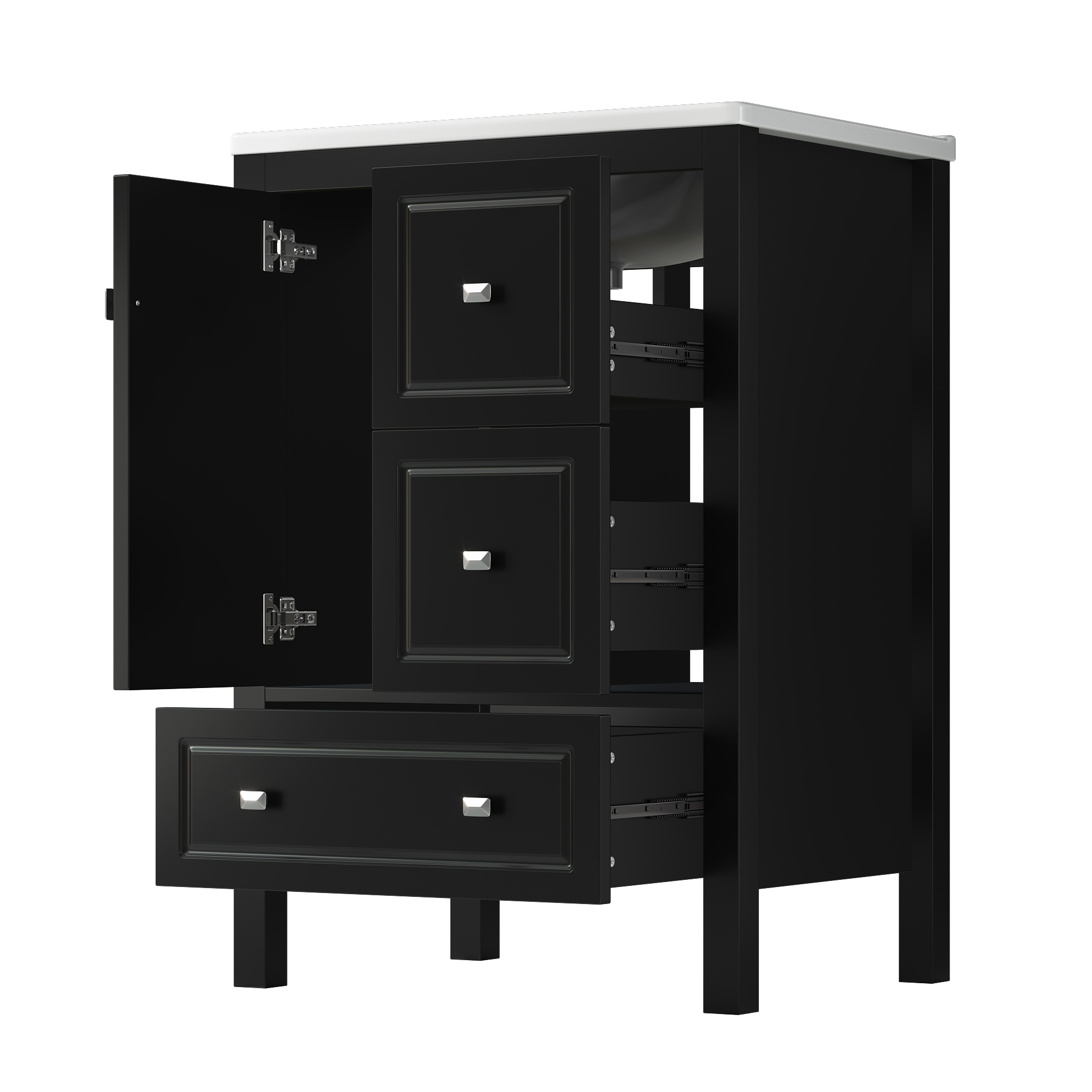 Badmöbel Stehend Mit Keramikwaschbecken 62 X 47 X 90 Cm, Schwarz, Mdf, 3 Schubladen Und 1 Tür