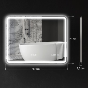 Led-badezimmerspiegel 70x90 Cm Mit Bluetooth, Uhr, Anti-beschlag Und 3 Lichtfarben Modenuit