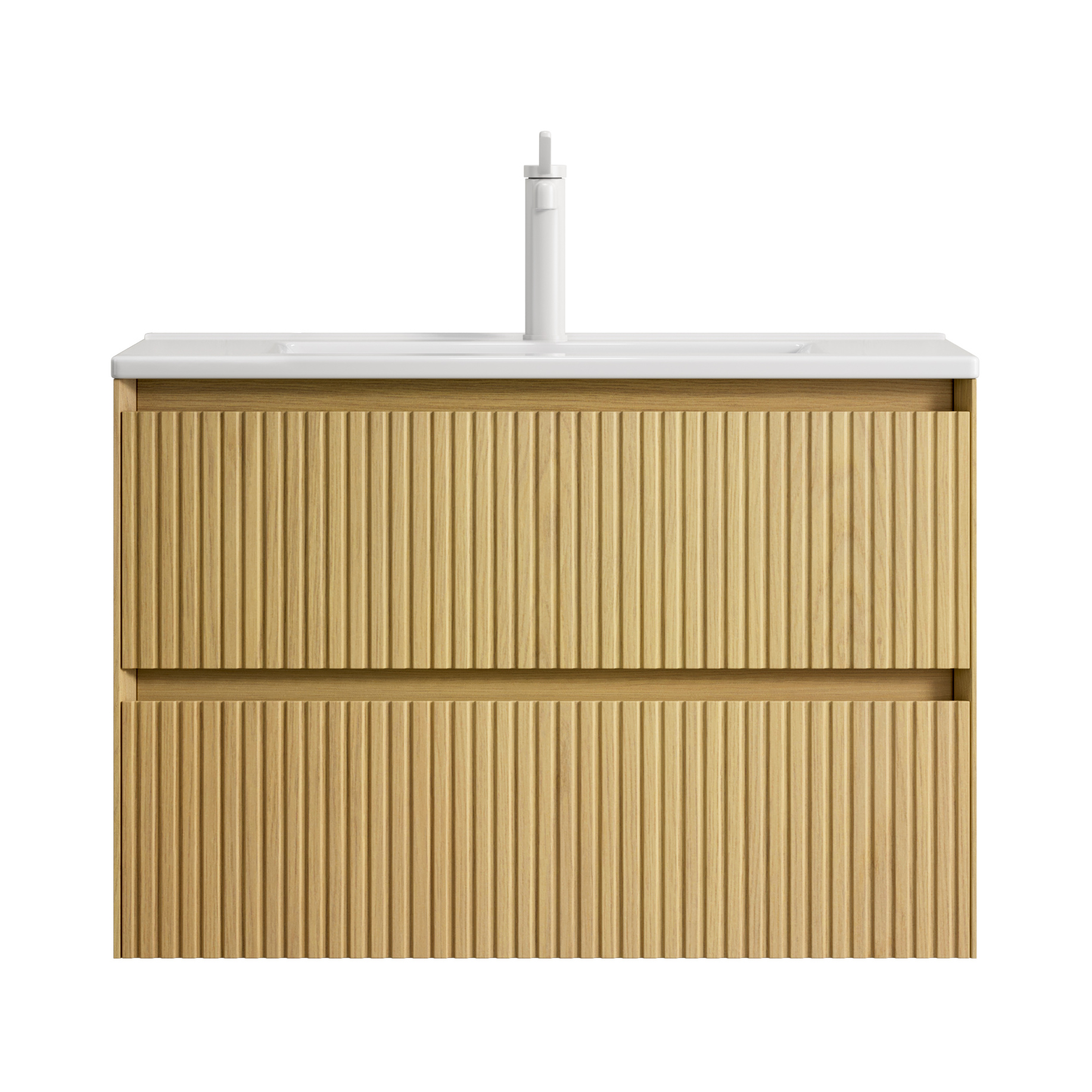 Hängender Badschrank 75 Cm Mit Weißem Keramikwaschbecken Und 2 Schubladen, Honig-eiche