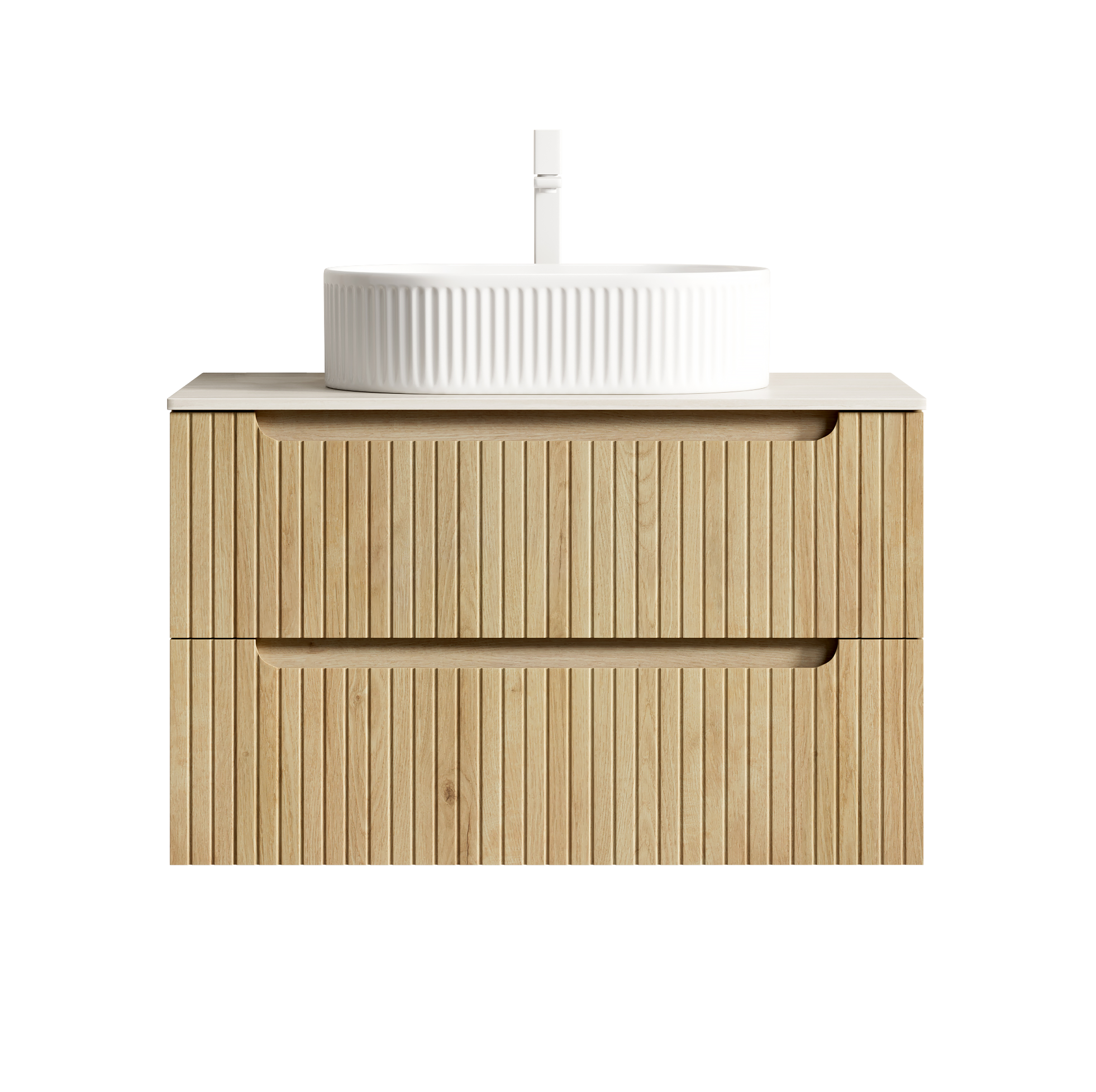 Hängender Badschrank 80 Cm Mit Ovalem Weißem Waschbecken, Steinplatte, 2 Schubladen, Helle Eiche