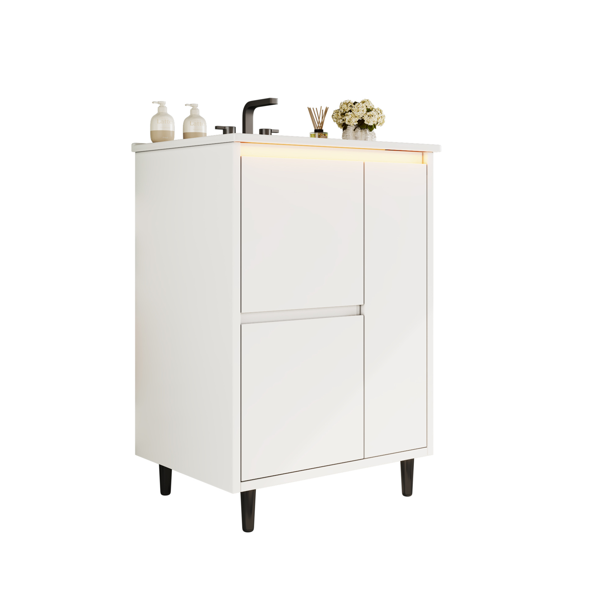 Freistehender Weißer Badschrank 61x46,5x87 Cm Mit Keramikwaschbecken Und 2 Schubladen