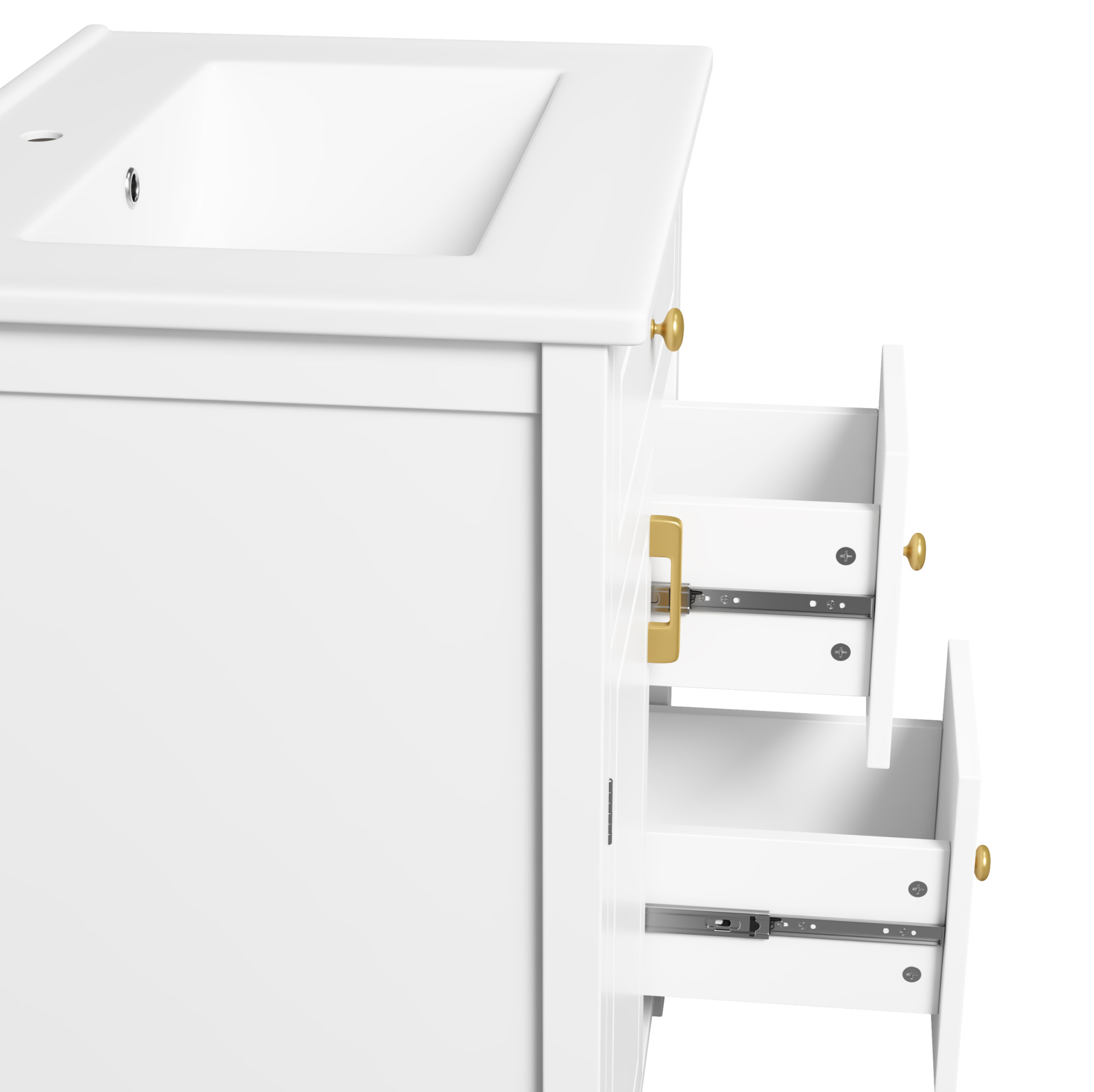 Freistehender Badschrank 61 Cm Weiß Mit Keramikwaschbecken, Mdf, Goldene Griffe