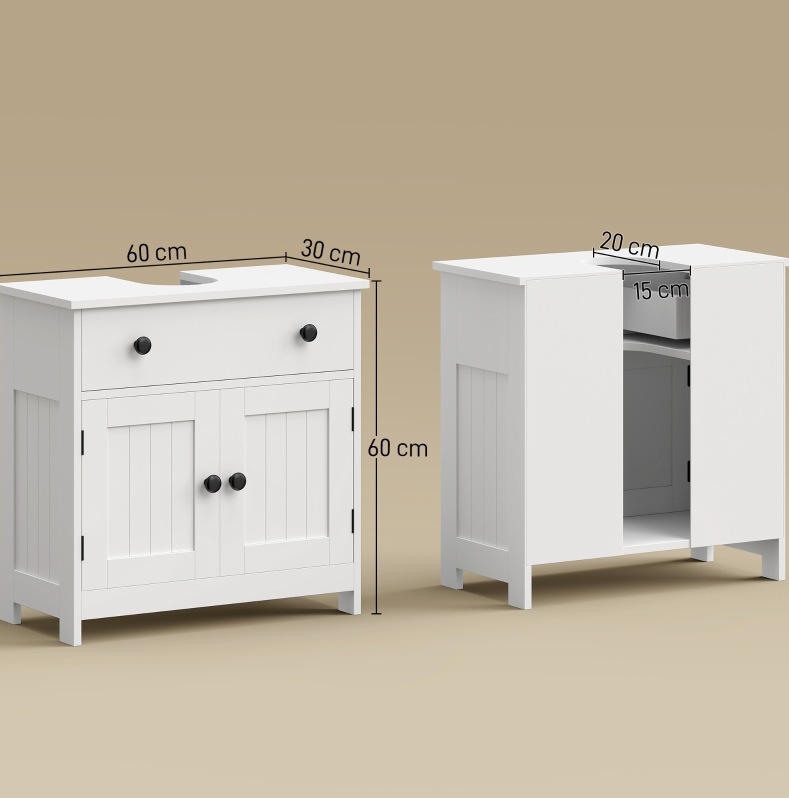 Freistehender Weißer Waschbeckenunterschrank Mit Schublade Und 2 Türen, 60 X 30 X 60 Cm