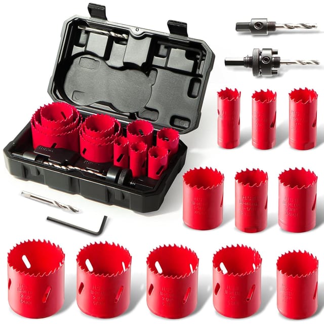 Hychika Bi-metall-lochsägen-set, 17-teilig Mit 11 Sägeblättern 19 Mm - 68 Mm, 2 Spanndornen, 3 Bohrern, 1 Sechskantschlüssel, Ideal Zum Bohren Von Weichmetall, Holz, Pvc-platten Und Kunststoffplatten