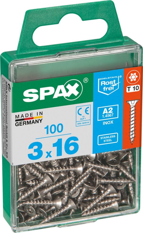 SPAX Edelstahlschraube, 3 x 16 mm, 100 Stück, Vollgewinde, Senkkopf, T-STAR plus T10, S-Spitze - 4197000300162