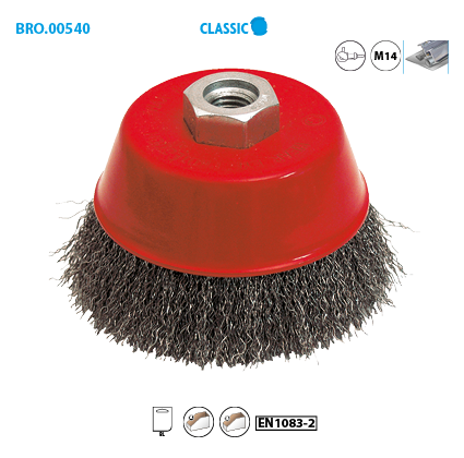 Konische Bürste für Schleifmaschine gewellter Stahldraht 0.30 mm d. 100 mm M14 für Metall - Hartbeizen Leman 540.100V