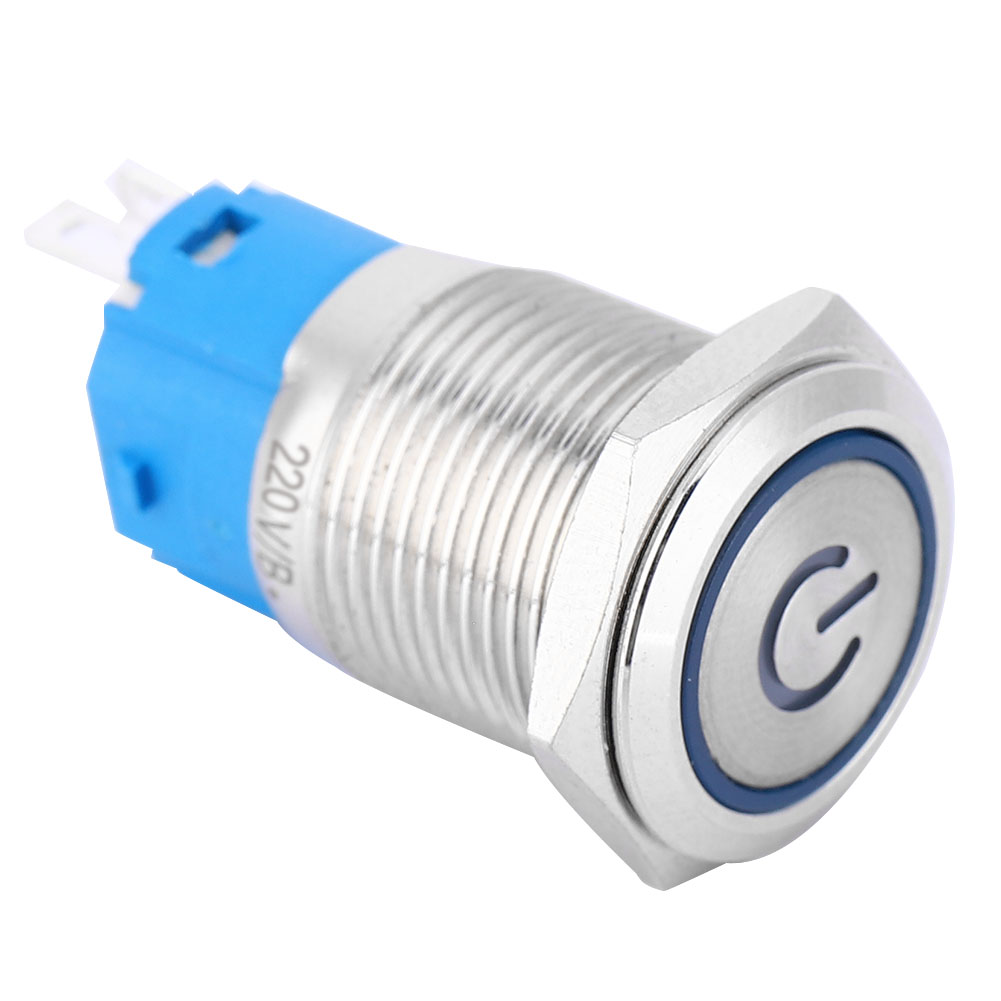 Blauer Led-druckknopfring Aus Metall Mit Flachem, Rundem Kopf, Selbstrückstellung Und Betriebssymbol, 16 Mm (220 V)