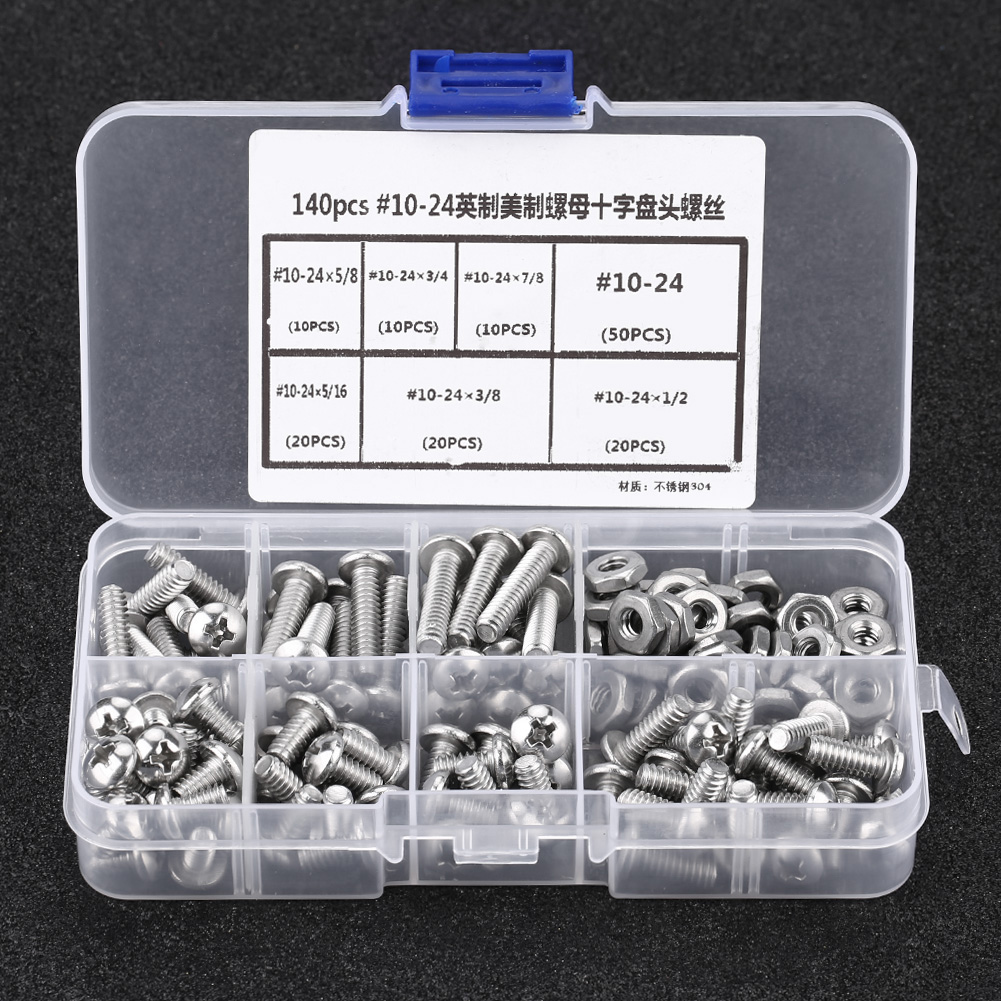 140-teiliges Set 10-24 Edelstahl-kreuzschlitzschrauben Mit Linsenkopf In Einer Kunststoffbox