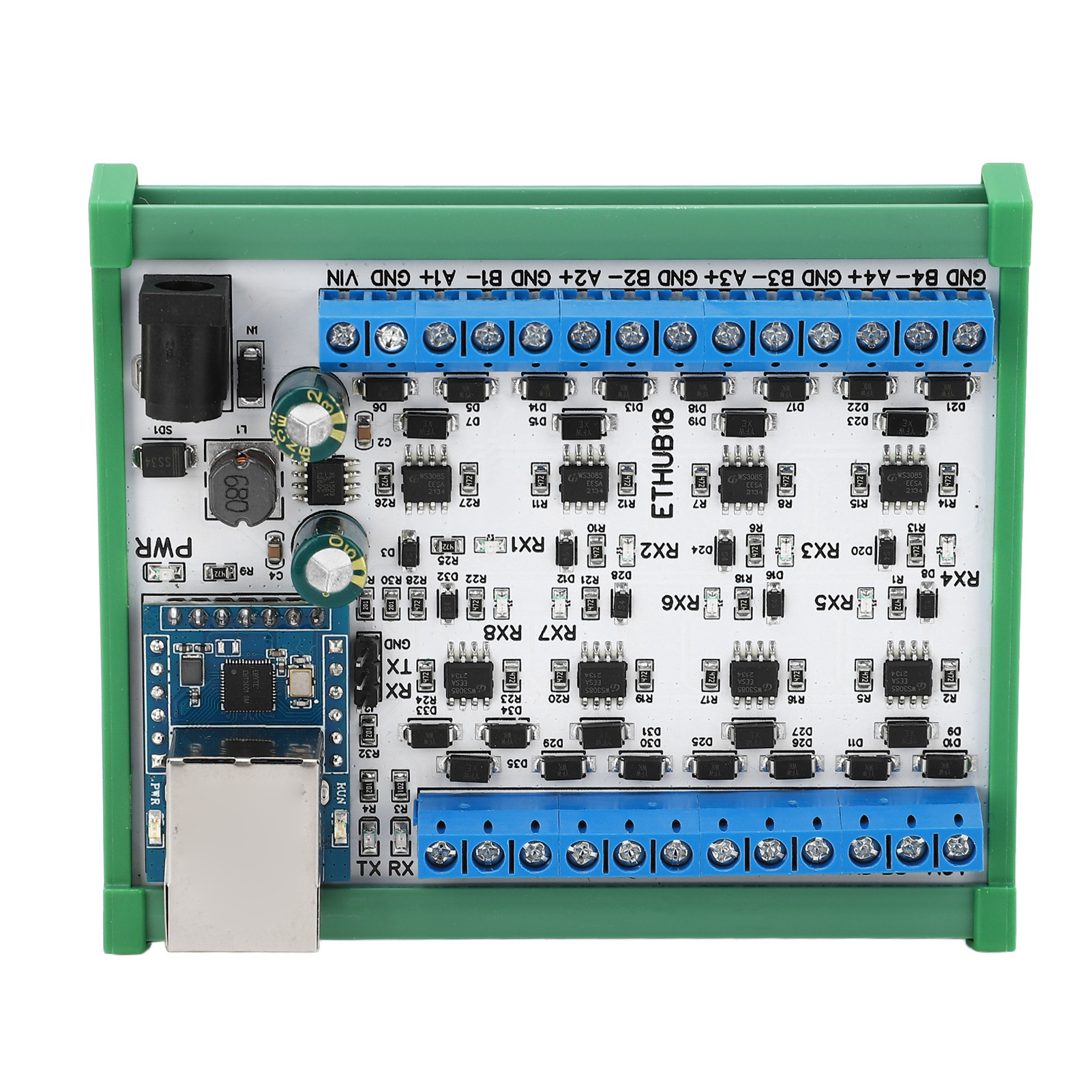 Rj45-zu-8-rs485-hub-konverter Mit Tvs-überspannungsschutz, 115200 Bps Hub-platine Für Sicherheitsüberwachung, Dc 7–30 V Hub-modul Mit Gehäuse
