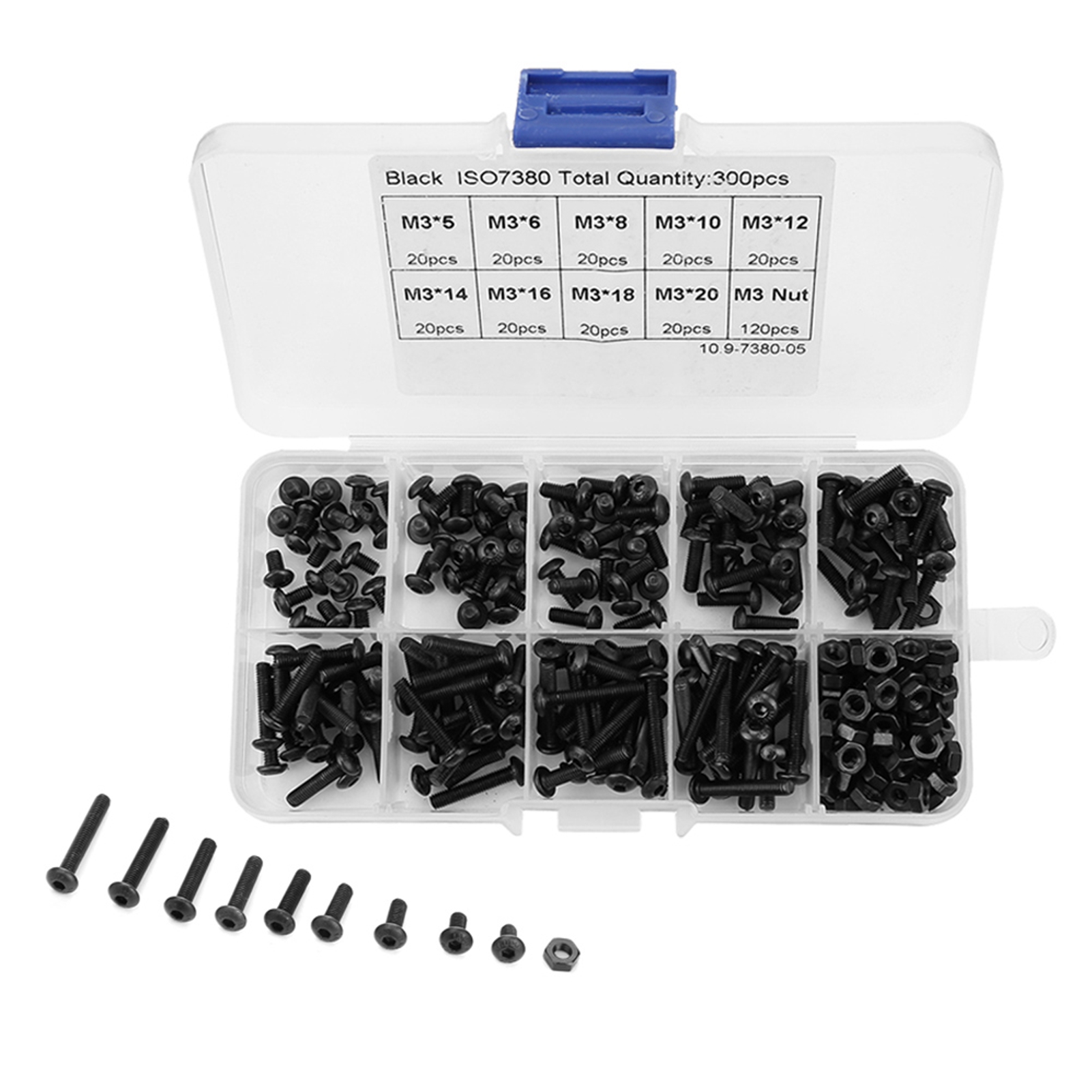 300-teiliges Sortiment An M3-innensechskantschrauben Mit Knopfkopf (schwarz, Festigkeitsklasse 10.9)
