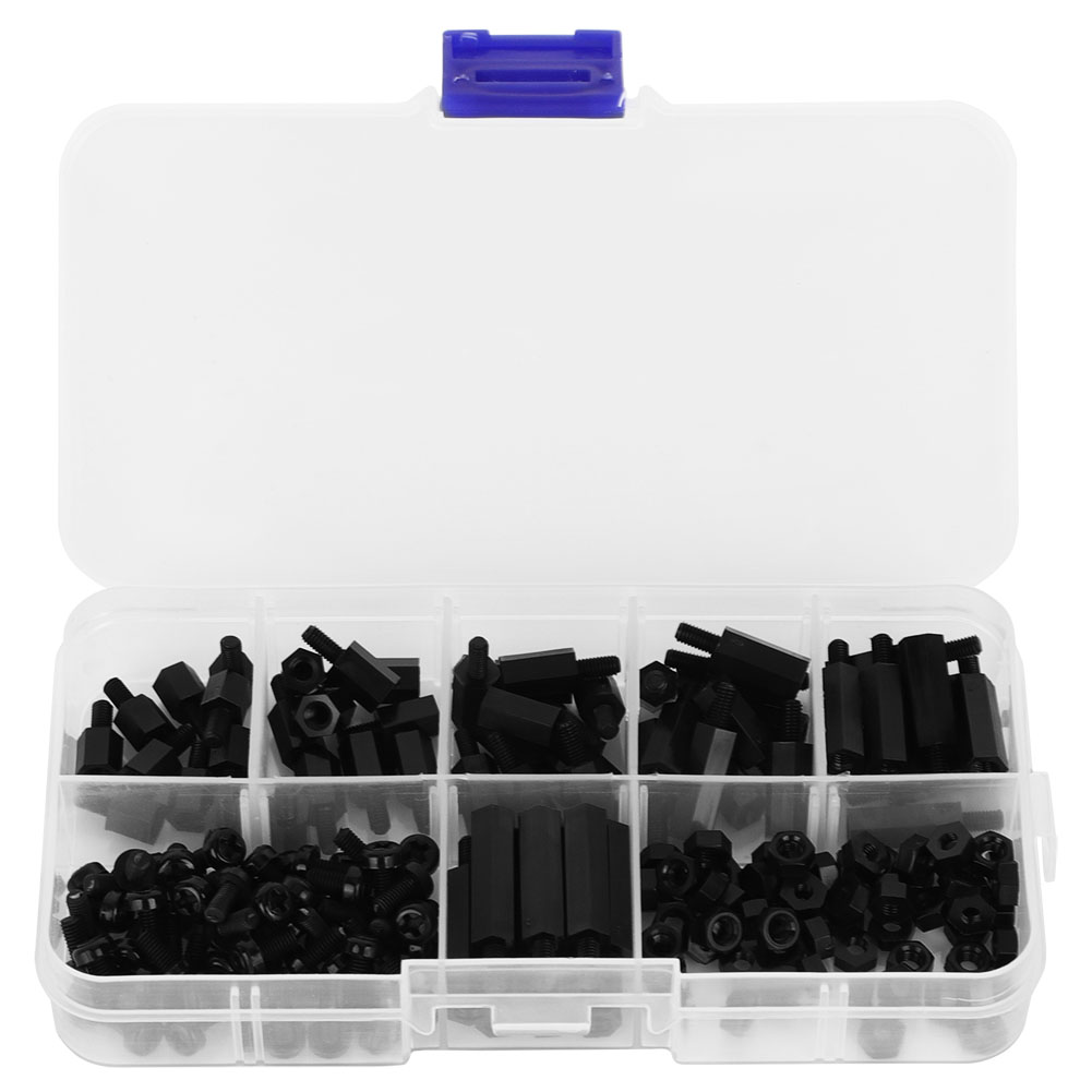 180-teilige Box M3 Nylon-schraubmuttern, Außengewinde, Innengewinde, Abstandshalter-kombinationssortiment (schwarz)