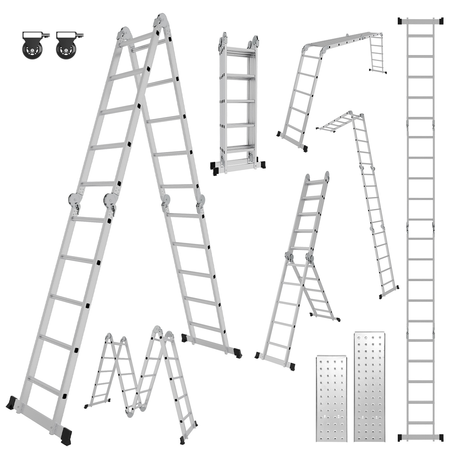 Jiubiaz 7in1 Mehrzweckleiter 4x5 Stufen Aus Aluminium, Ca. 580cm / 5.8m, Multifunktions-gelenkleiter Mit 2 Plattformen & 2 Rollen, Max. Belastbarkeit 150 Kg