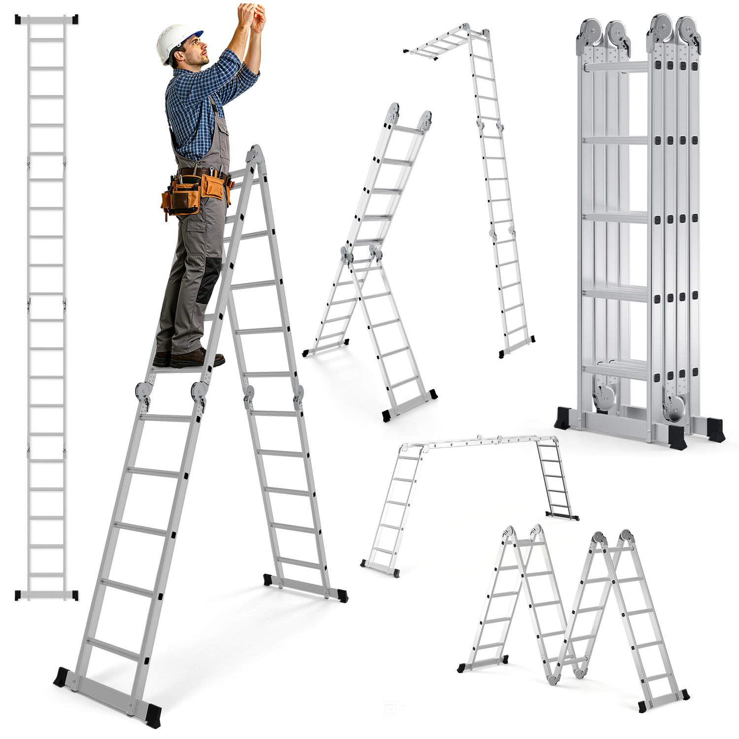 Jiubiaz 7in1 Mehrzweckleiter 4x5 Stufen Aus Aluminium, Ca. 580cm / 5.8m, Multifunktions-gelenkleiter, Klappleiter & Stehleiter, Max. Belastbarkeit 150 Kg