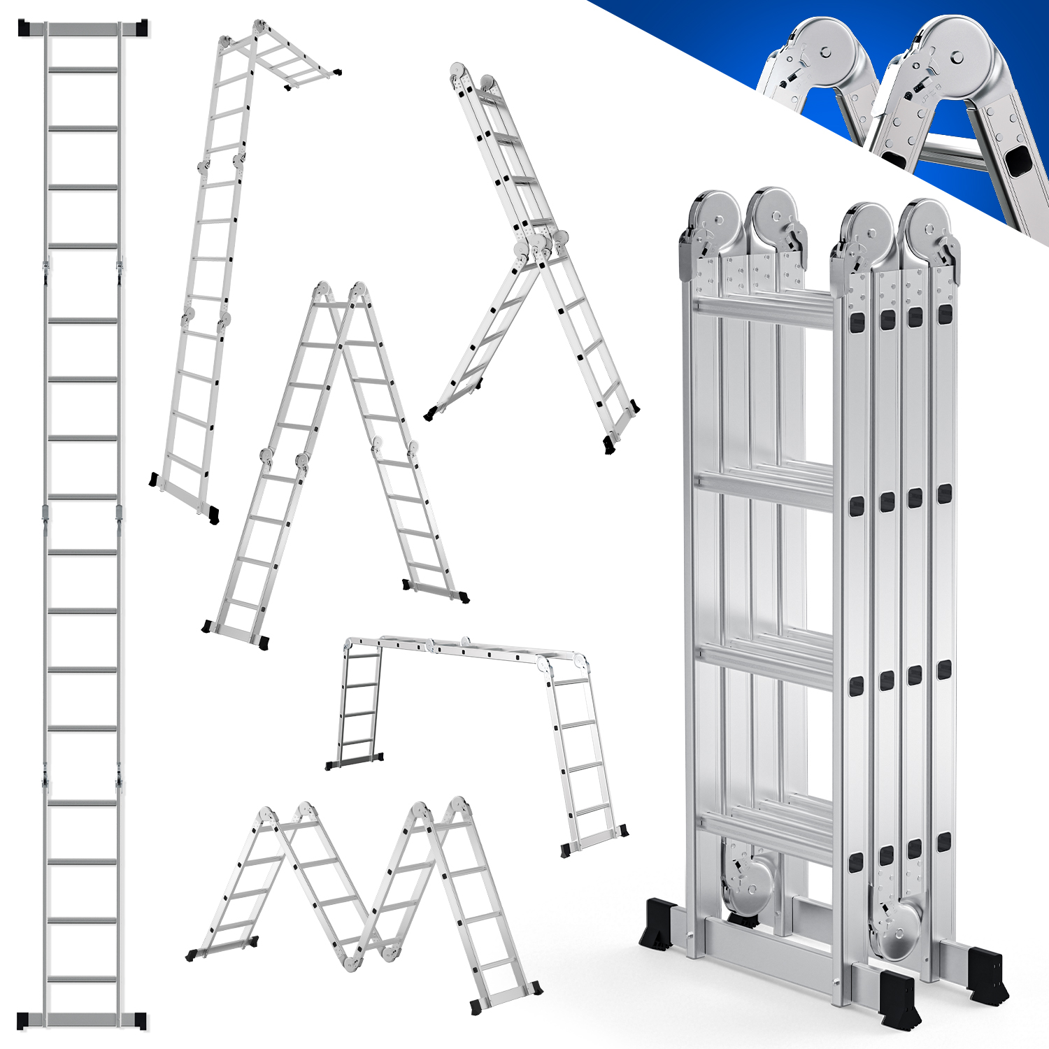 Jiubiaz Mehrzweckleiter Multifunktionsleiter 7in1 4x4 Stufen, Ca. 470cm / 4.7m, Alu Gelenkleiter Klappbar, Anlege- & Stehleiter, Max. Belastbarkeit 150 Kg