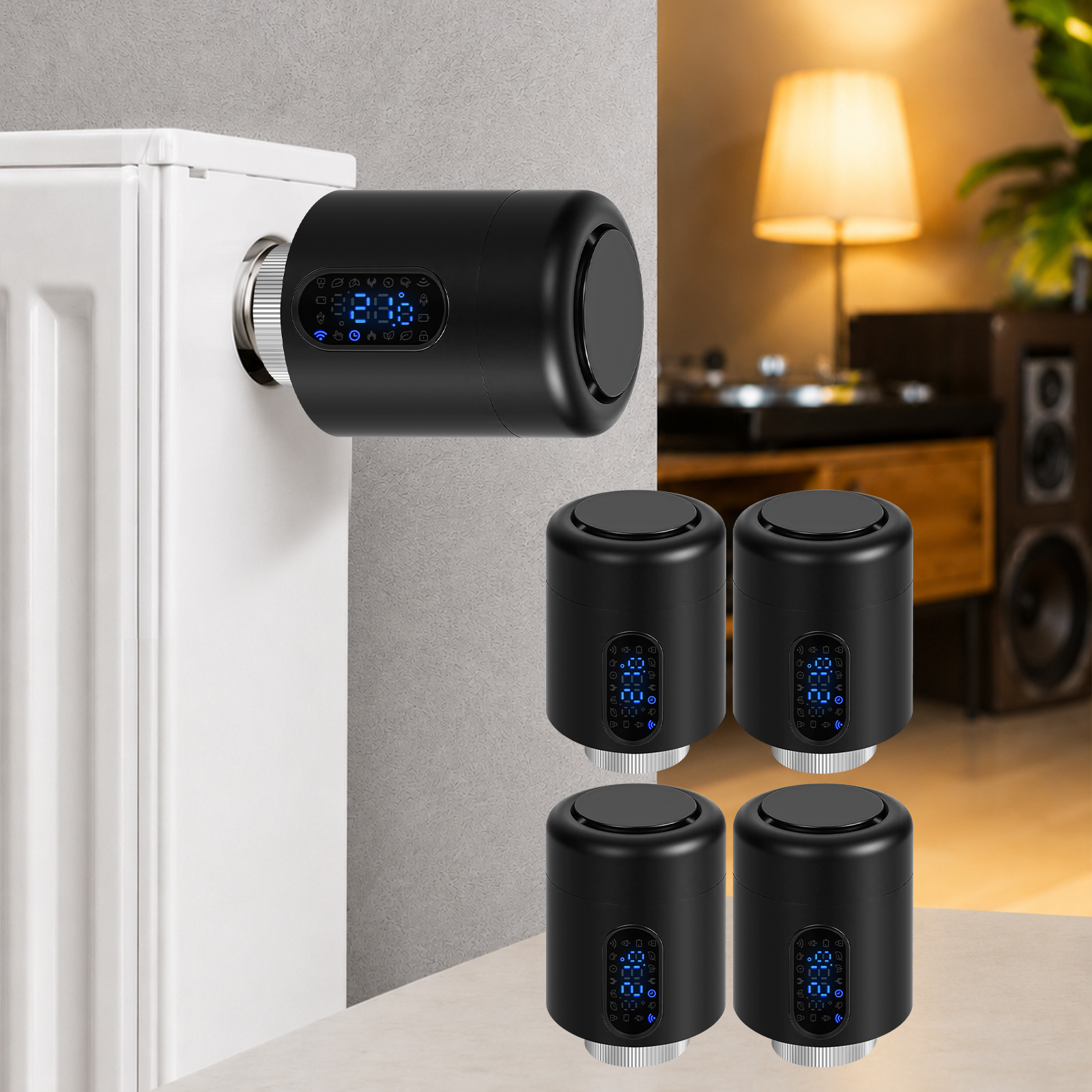 Jiubiaz Smartes Heizkörperthermostat Wifi, App-steuerung, Smart Life/tuya, 7 Ventiladapter Je Thermostat, Schwarz, 4er-set
