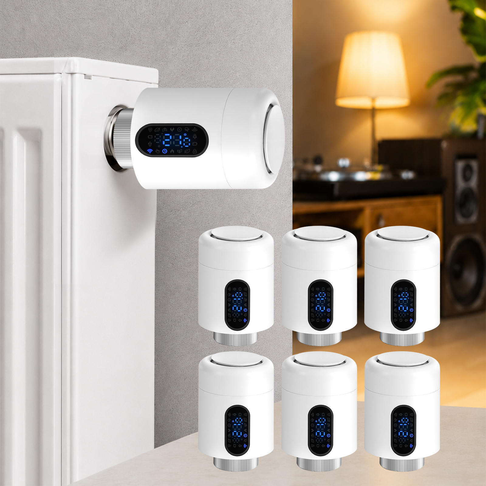 Jiubiaz Smartes Heizkörperthermostat Wifi, App-steuerung, Smart Life/tuya, 7 Ventiladapter Je Thermostat, Weiß, 6er-set