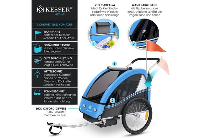 KESSER® Kinderanhänger Fahrradanhänger Sport-RX 2 in 1 Joggerfunktion Kinderfahrradanhänger + 5-Punkt Sicherheitsgurt 360°-Vorderrad Jogger Buggy Fahrrad Anhänger für 1 bis 2 Kinder max. 40kg