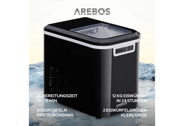 Arebos - Eiswürfelmaschine Ice Cube Maker 2 Eiswürfel Größen Eiswürfelbereiter Leise Selbstreinigungsfunktion Schwarz