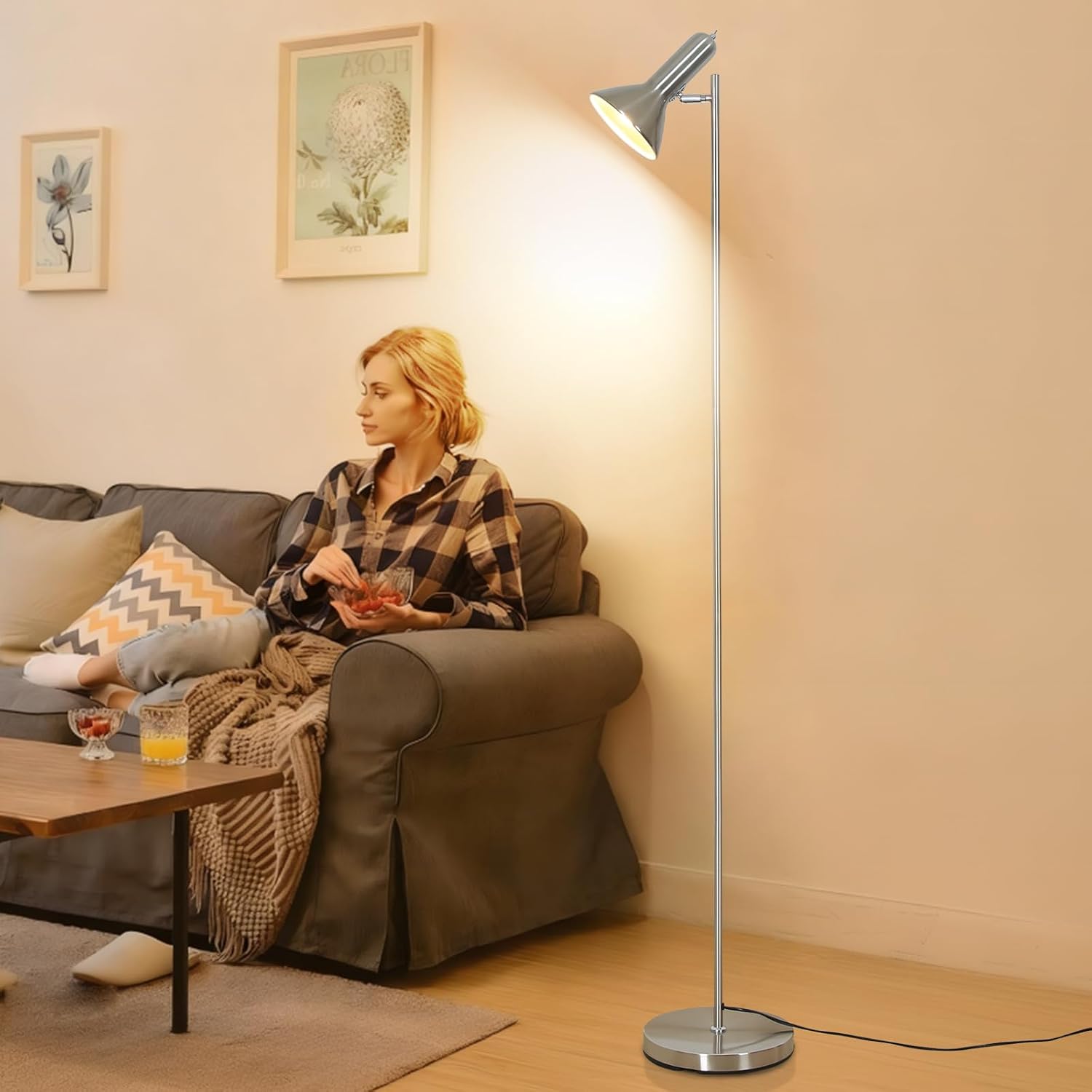 Leselampe Stehlampe Vintage Nickel – Industrial Stehleuchte Wohnzimmer, E27 Fassung Max. 60w, Höhe 161 Cm, Metall Standleuchte Für Sofa, Büro, Drehbar + Schieber-schalter (ohne Leuchtmittel)