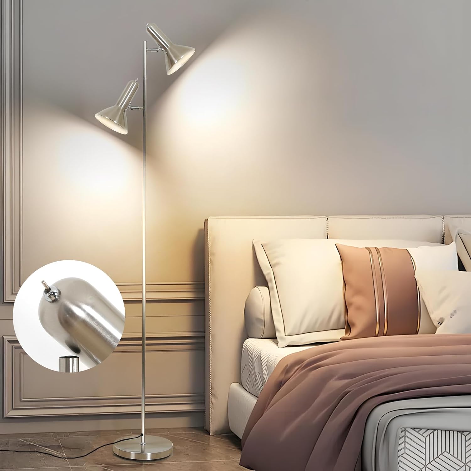 Stehleuchte Wohnzimmer – Nickel, E27 2x Max. 60w, Leselampe Vintage Industrial, Höhe 171cm, Metall Standleuchte Für Sofa, Schlafzimmer, Büro (ohne Leuchtmittel)