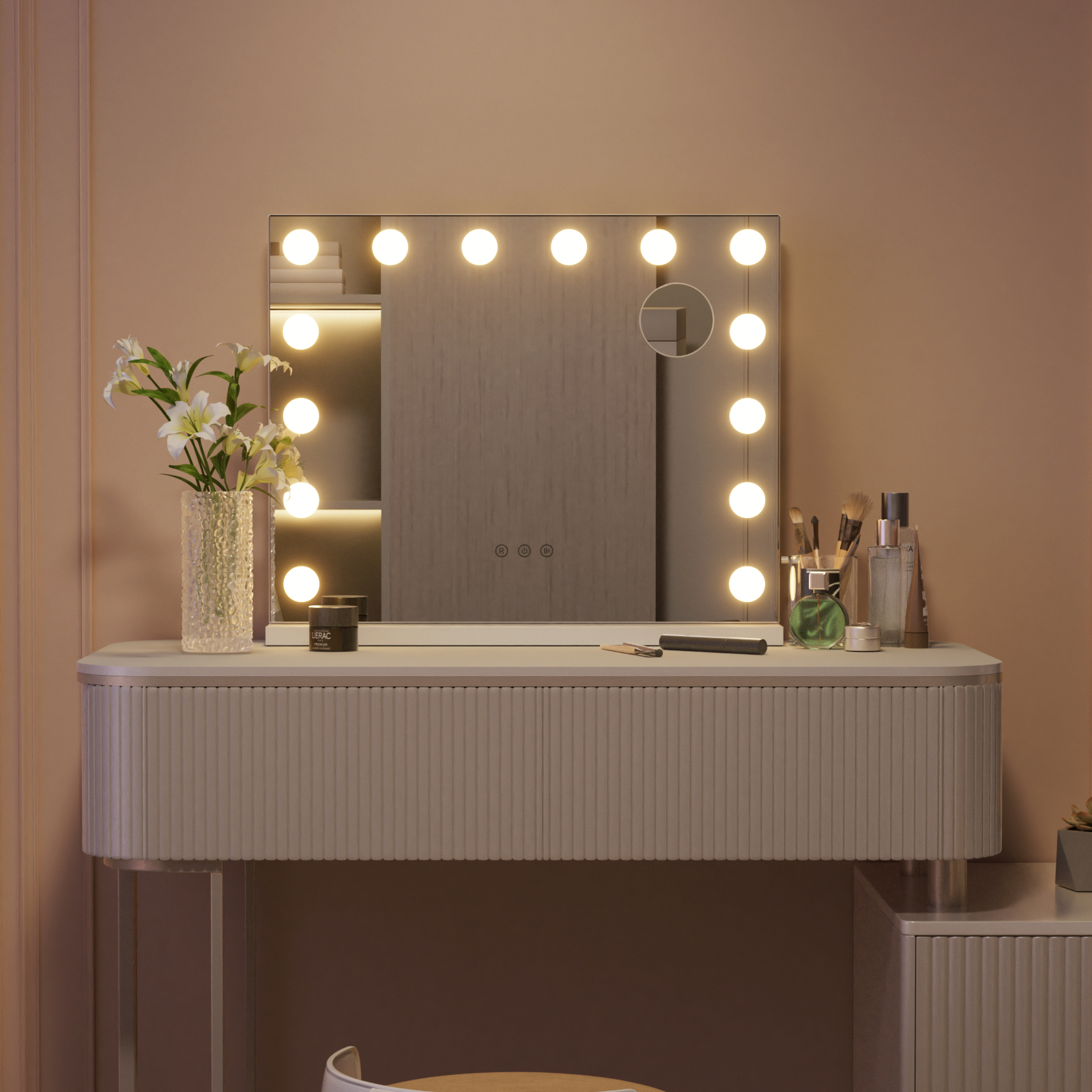 Led Schminkspiegel 50x42 Cm – Hollywood Spiegel Kosmetikspiegel Mit Beleuchtung, 3 Lichtfarben Dimmbar, Abnehmbare 10-fach Vergrößerung, Tisch- & Wandspiegel, Weiß