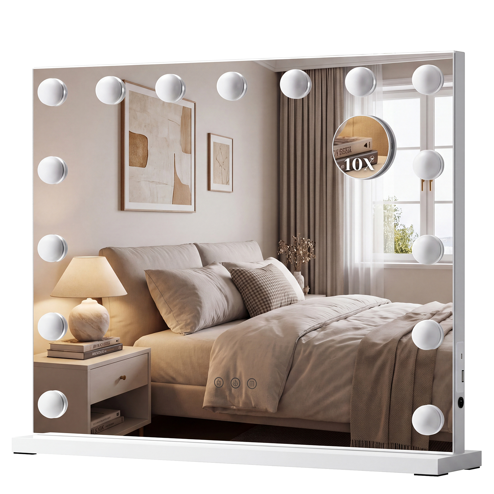 Led Schminkspiegel 58x48 Cm – Hollywood Spiegel Kosmetikspiegel Mit Beleuchtung, 3 Lichtfarben Dimmbar, Abnehmbare 10-fach Vergrößerung, Tisch- & Wandspiegel, Weiß