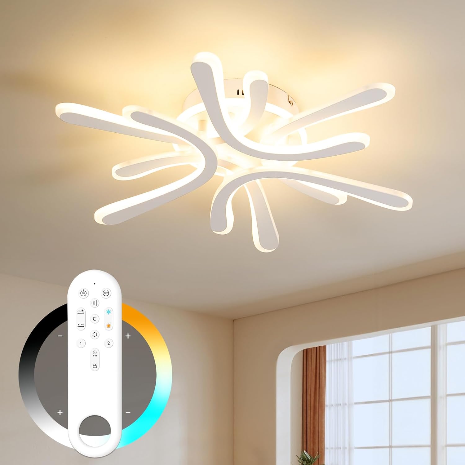 Deckenleuchte Wohnzimmer 40w Led Dimmbar Fernbedienung – Blumen-design, 3000-6500k Stufenlos, Memory-funktion, Nachtlicht + Timer, Modern Für Schlafzimmer & Kinderzimmer, Weiß