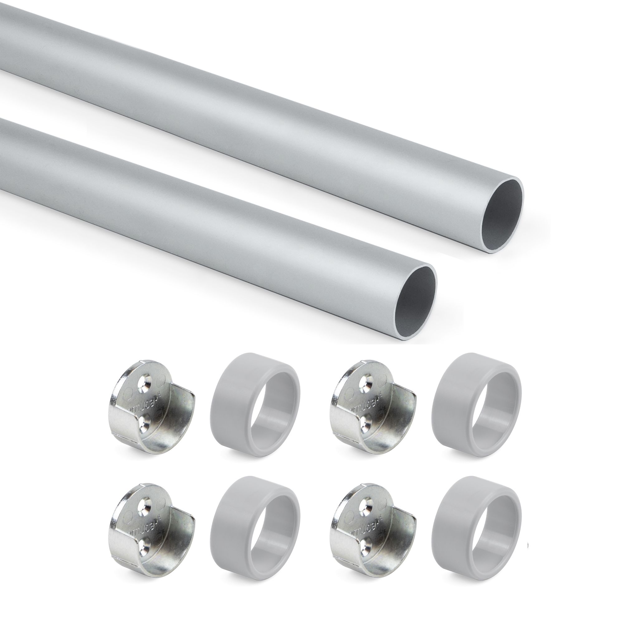 Satz Von 2 Runde Korpusschienen D.28mm Länge 0,75m Mit Halterungen, Aluminium Und Zamak, Matt Eloxiert - Emuca
