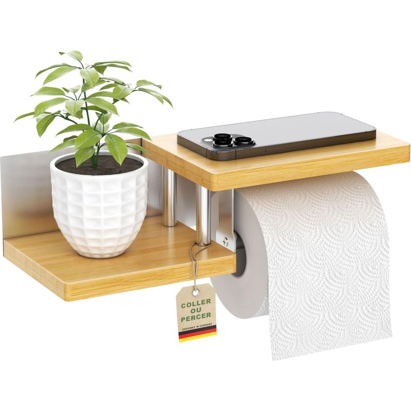 – Wandmontierter Toilettenpapierhalter Aus Bambus – Selbstklebende Oder Bohrbare Montage – Integrierte Ablagen Für Zubehör – Wasser- Und Rostbeständig