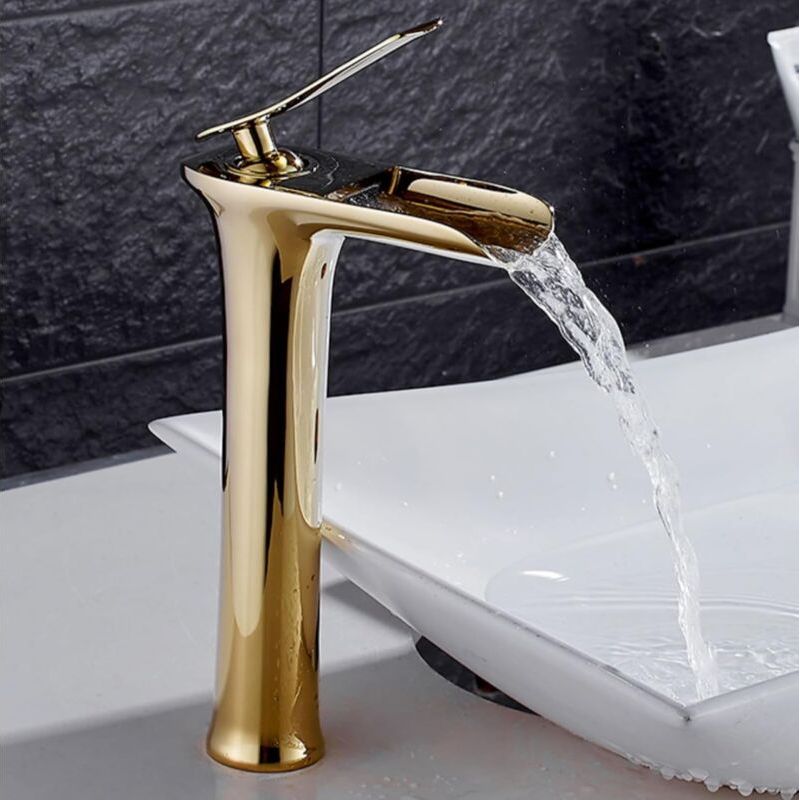 Goldene Wasserfall-waschtischarmaturen, Wasserfall-mischbatterien, Waschtischarmaturen, Einhebel-waschtischarmaturen, Warm-/kaltwasseranschluss, Hoch