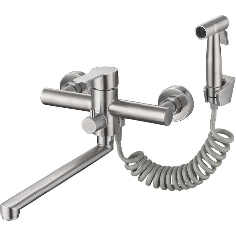 Küchenarmatur Zur Wandmontage Aus Gebürstetem Nickel Mit Seitlicher Brause – Bleifreie Spültischarmatur In Gewerbequalität, 12-zoll-auslauf