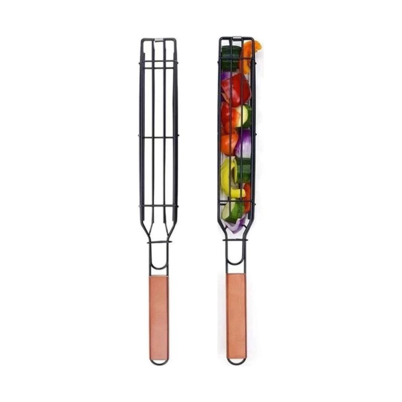 Set Mit 2 Grillkörben Mit Verriegelungsrost Und Langem Holzgriff – Antihaftbeschichtung – Edelstahl – Zum Grillen Von Fisch, Gemüse, Würstchen Und Zwiebeln