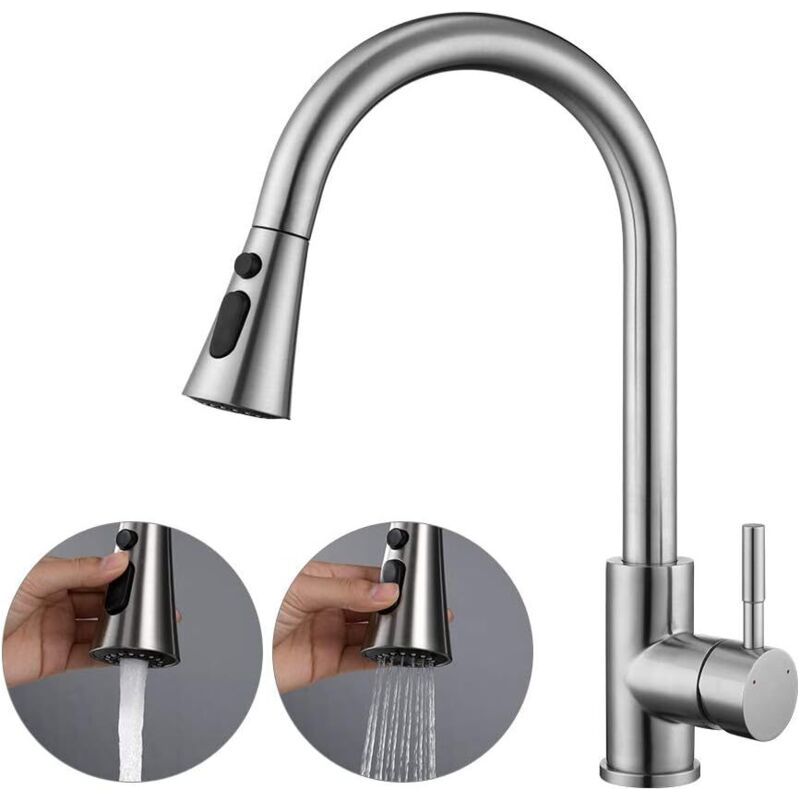 Ausziehbare Küchenarmatur Mit Brausekopf, Hochdruck-küchenarmatur Mit 2 Wassergeschwindigkeiten, 360° Schwenkbare Spültischarmatur, Küchenmischbatterie (silber)